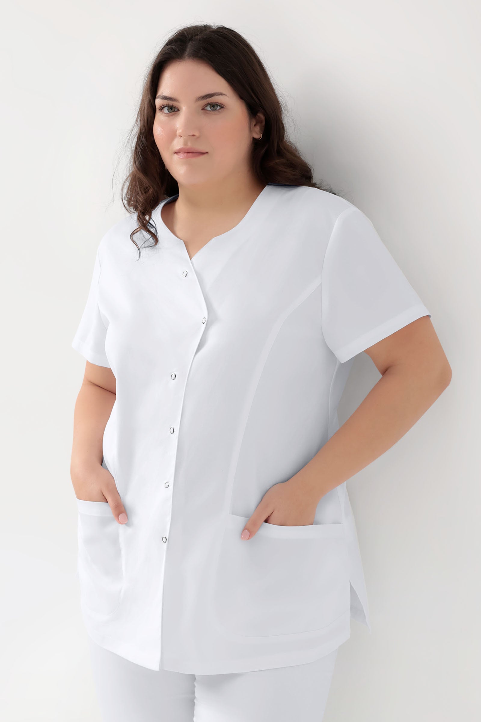 GREEN Stretch Kasack Damen - asymmetrische Druckknopfleiste weiß, Vorderansicht 