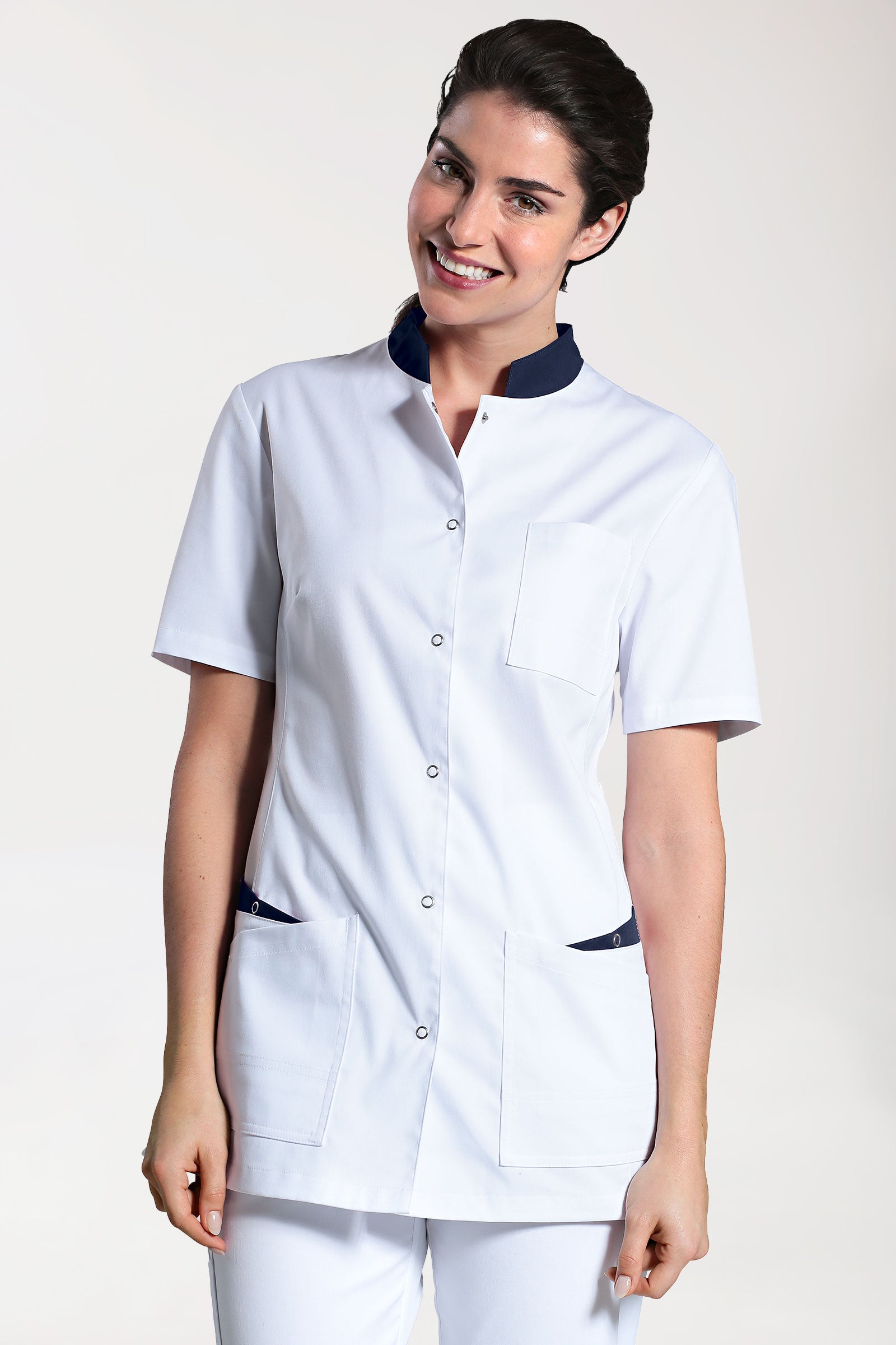 CLINIC STRETCH Kasack Damen - geknöpft weiß/navy