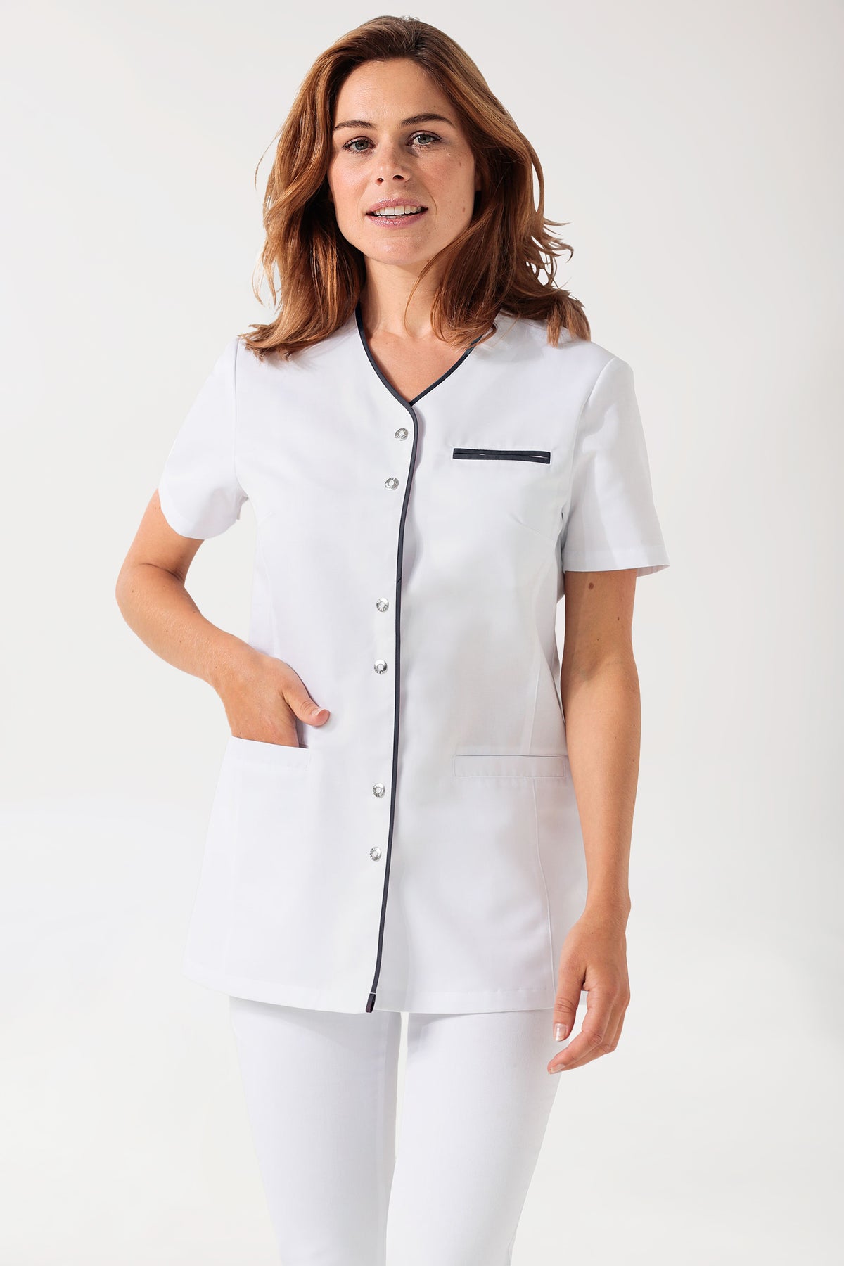 Beauty Kasack Damen - durchgeknöpft weiß/navy, Vorderansicht 