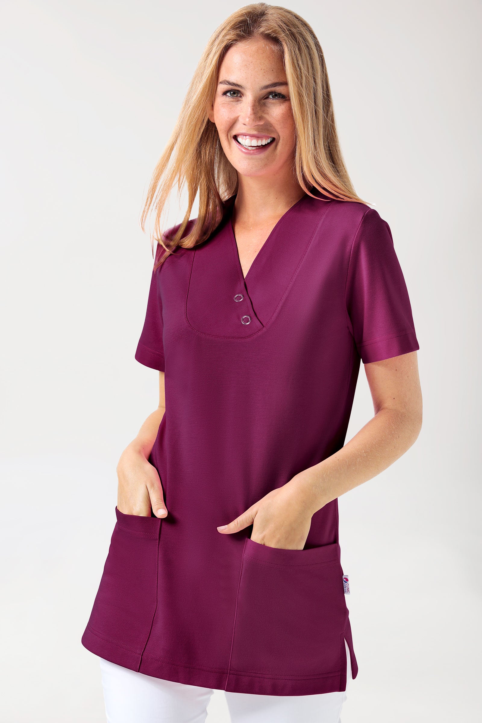 Piqué Longshirt Damen - V-Ausschnitt berry