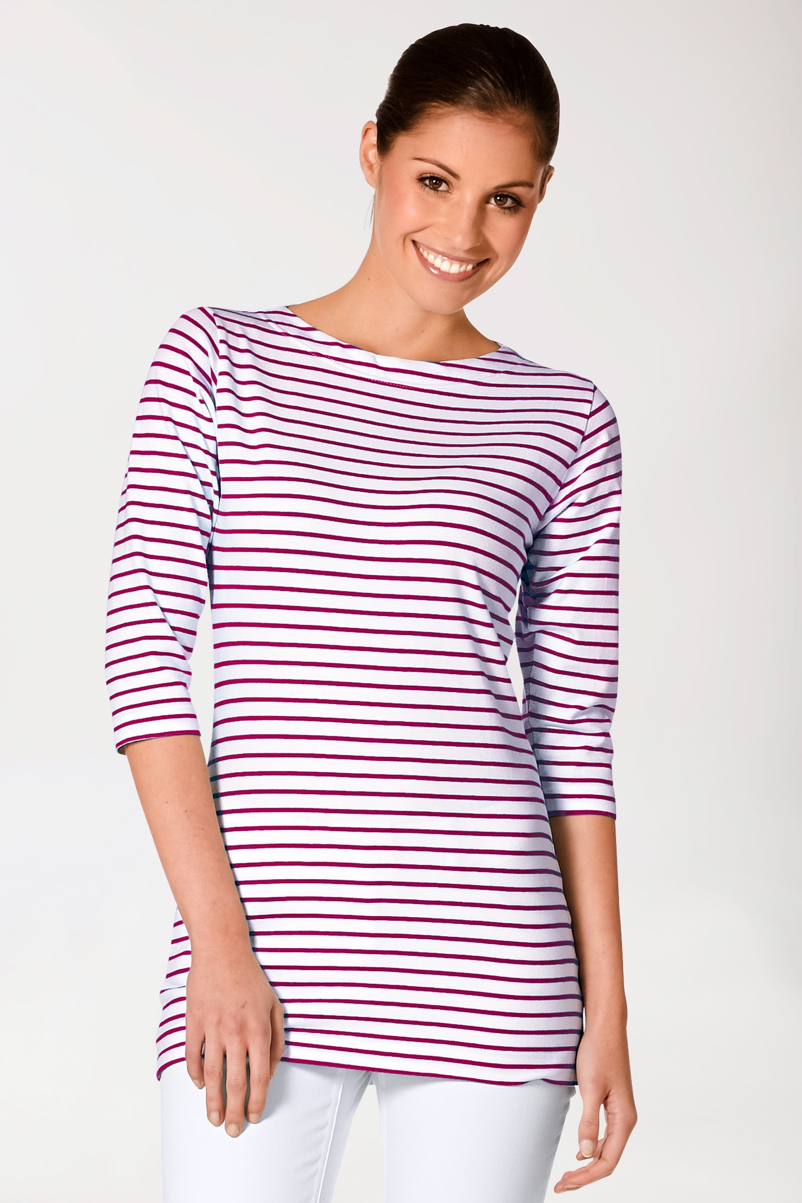Longshirt Damen - 3/4 Arm bordeaux/weiß, Vorderansicht 