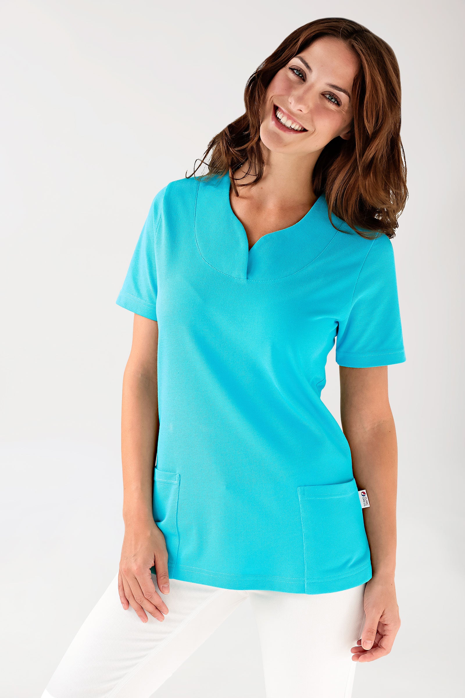 Piqué Longshirt Damen - diagonaler Ausschnitt curaçao, Vorderansicht 