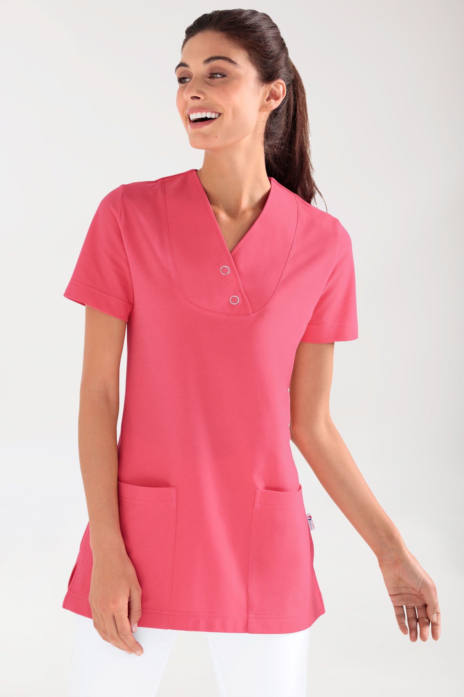 Piqué Longshirt Damen - V-Ausschnitt lipstick, Vorderansicht 