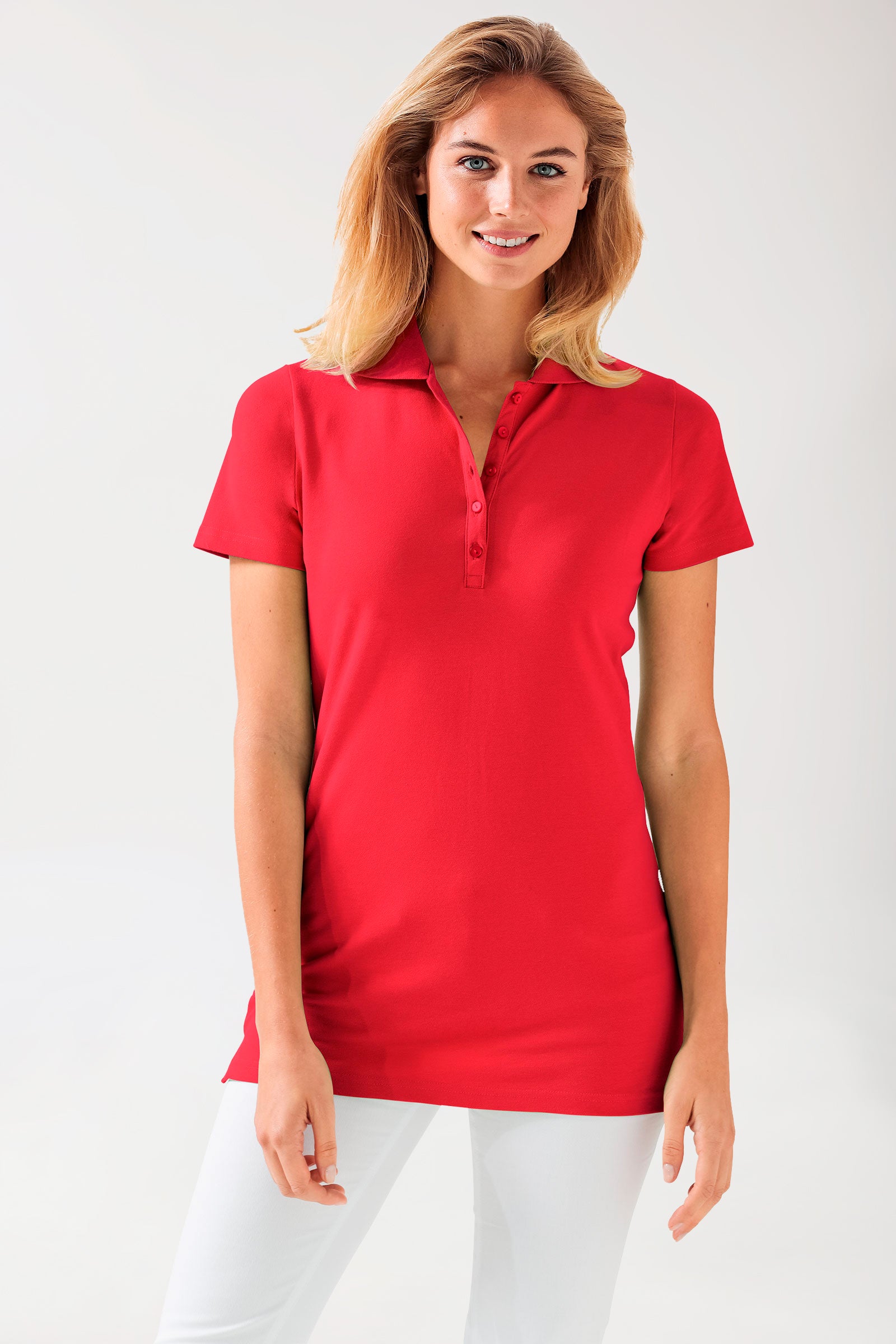 Stretch Longshirt Damen - Polokragen rot, Vorderansicht 