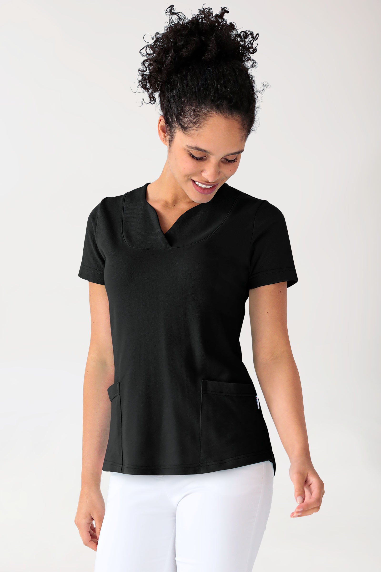 Piqué Longshirt Damen - diagonaler Ausschnitt schwarz, Vorderansicht 