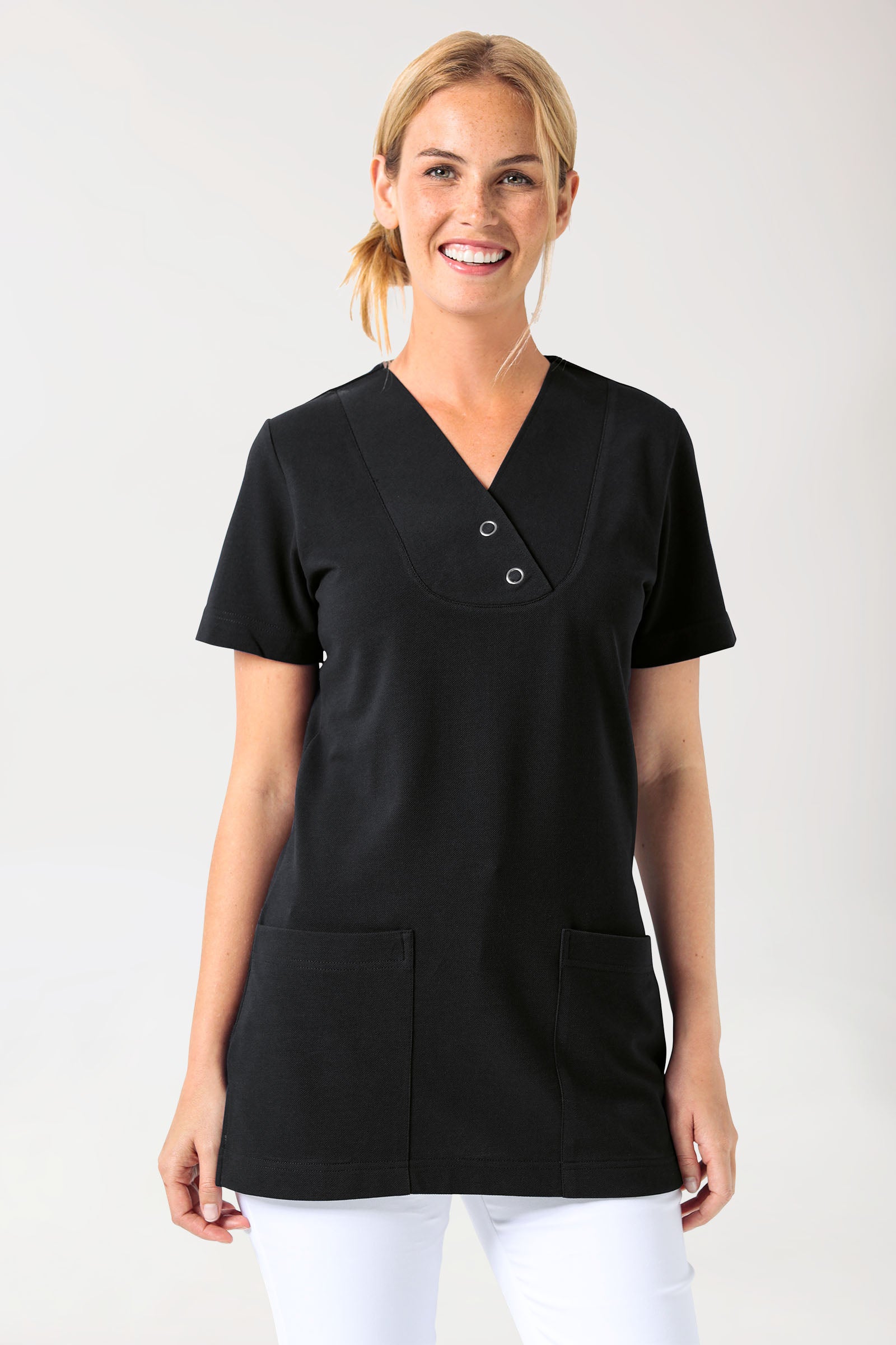 Piqué Longshirt Damen - V-Ausschnitt schwarz, Vorderansicht 