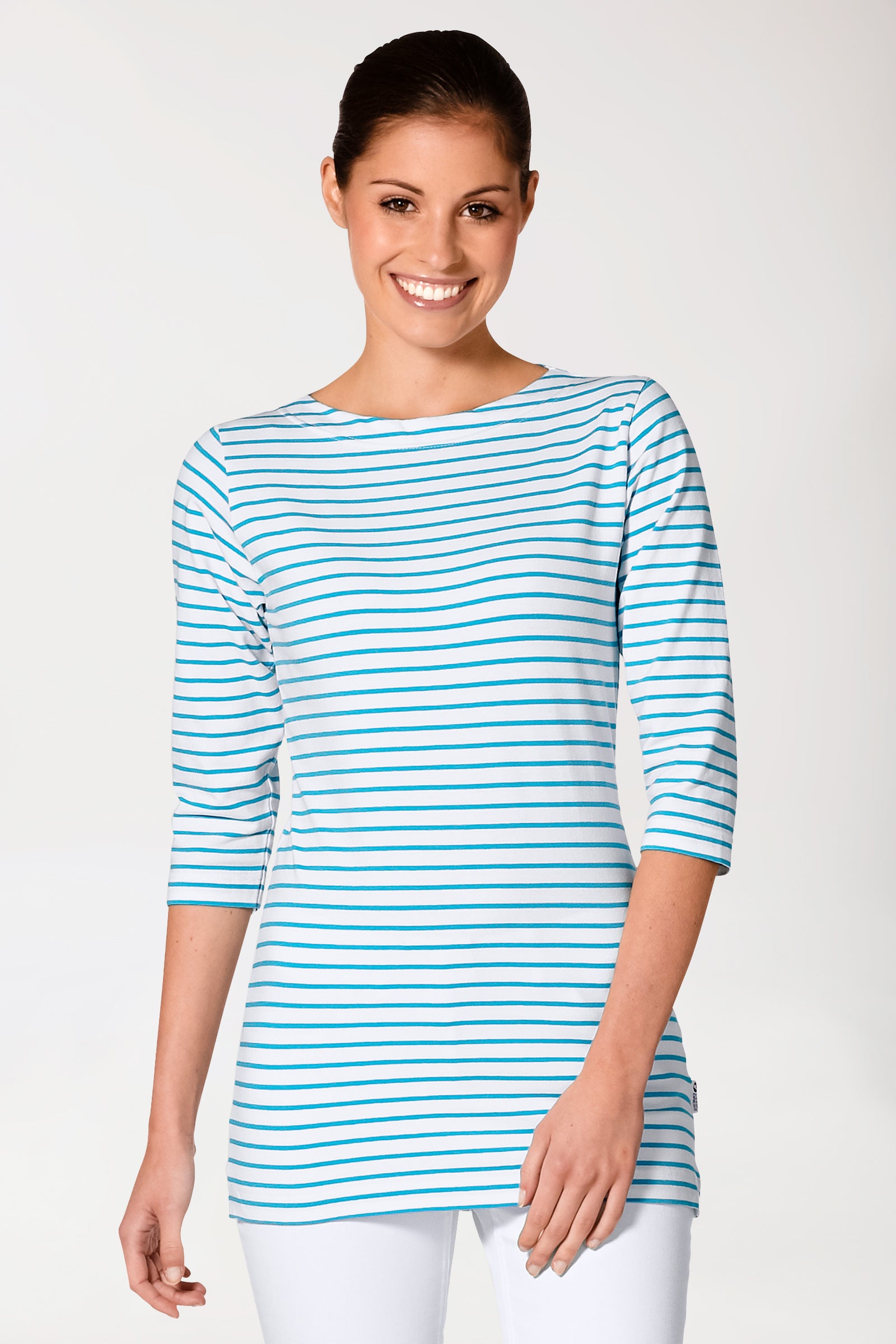 Longshirt Damen - 3/4 Arm türkis/weiß, Vorderansicht 