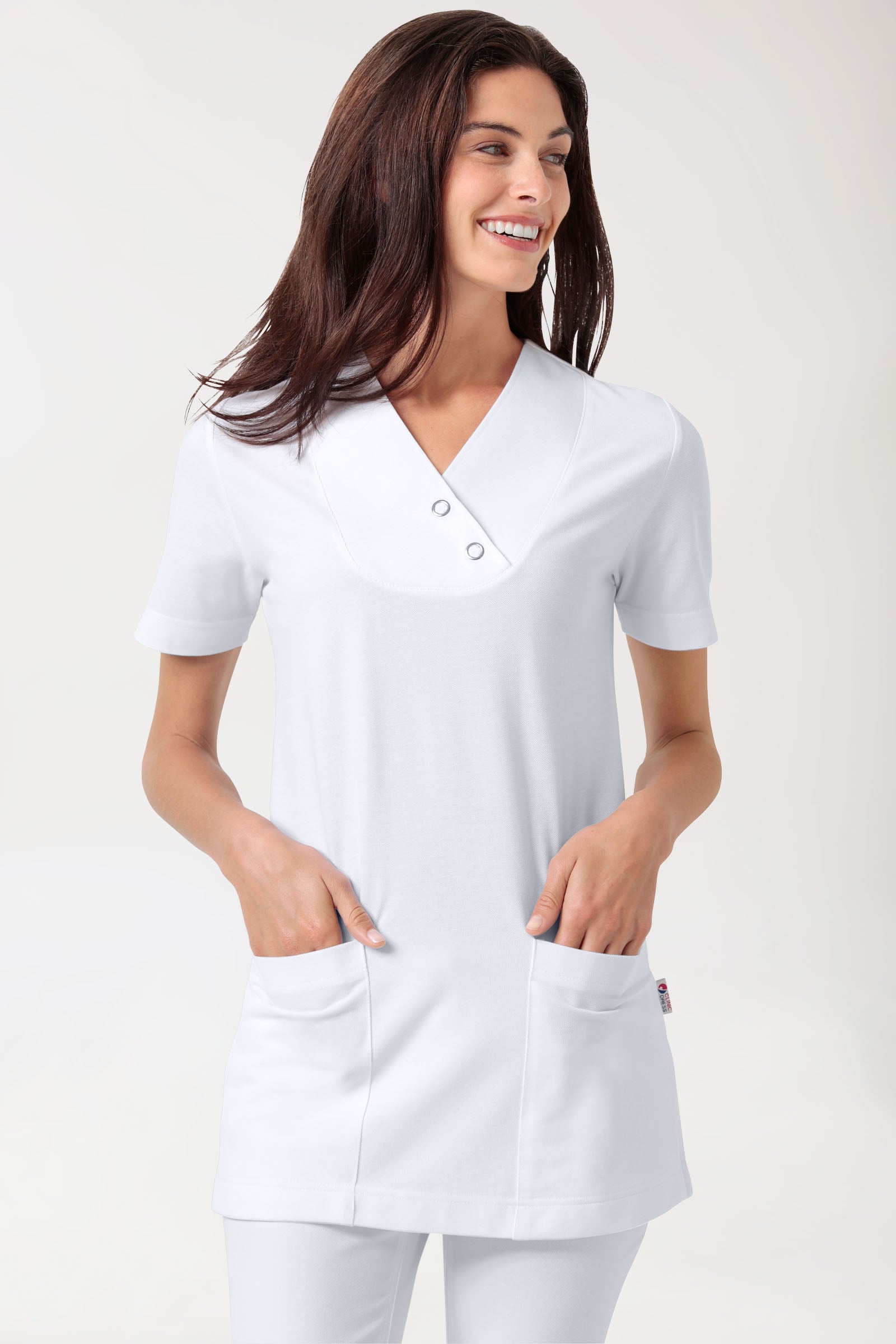 Piqué Longshirt Damen - V-Ausschnitt weiß, Vorderansicht 