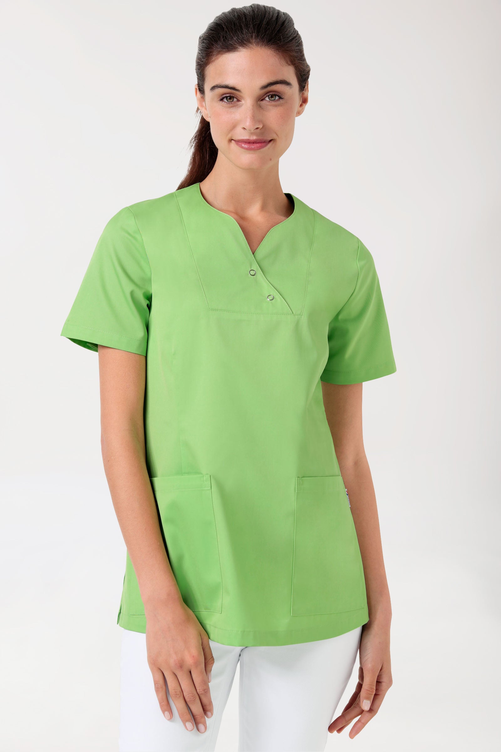 CORE Schlupfkasack Damen curved fit - mit Druckknöpfen apfelgrün, Vorderansicht 