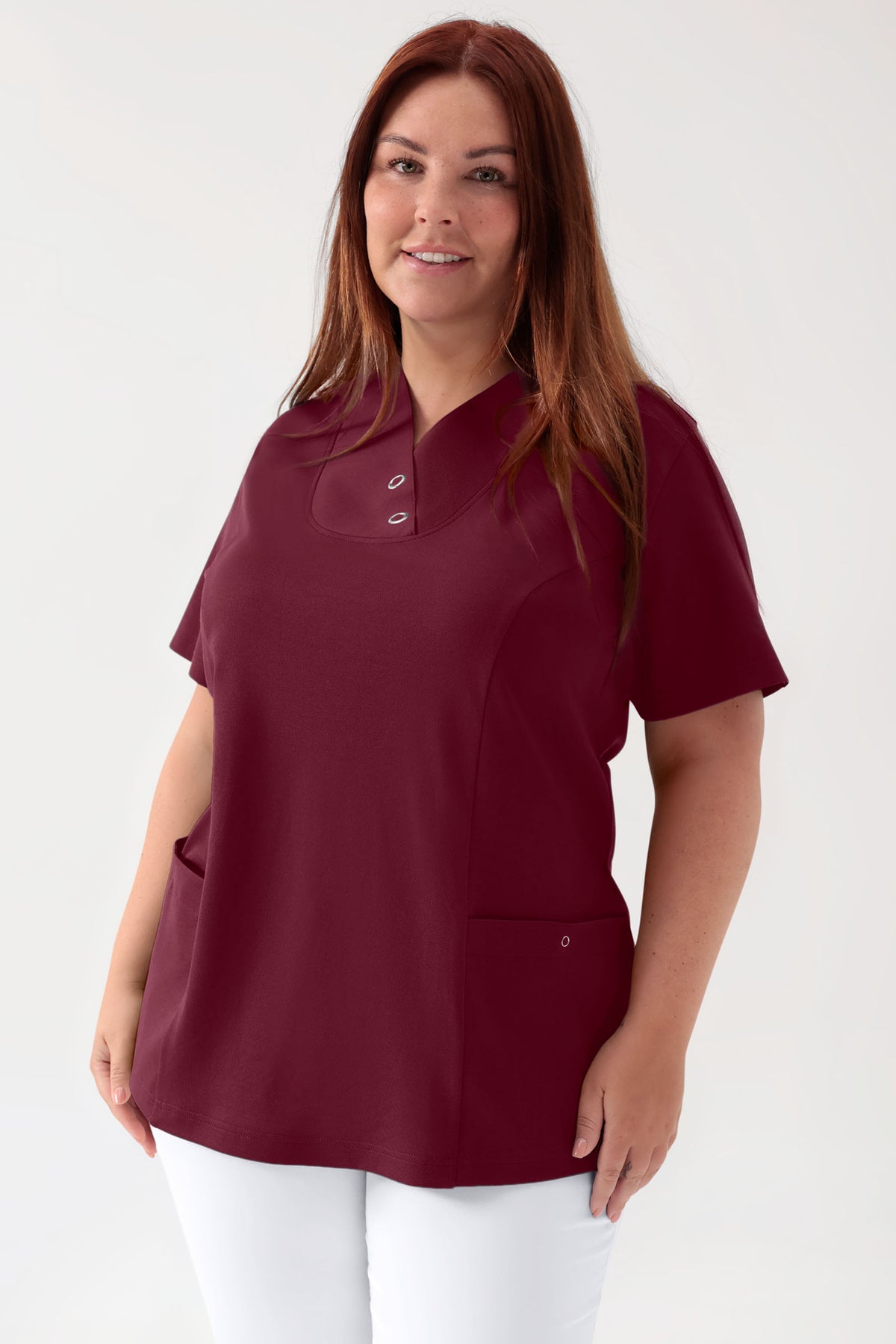COMFY FLEX Stretch Schlupfkasack Damen - mit Druckknöpfen bordeaux, Vorderansicht 