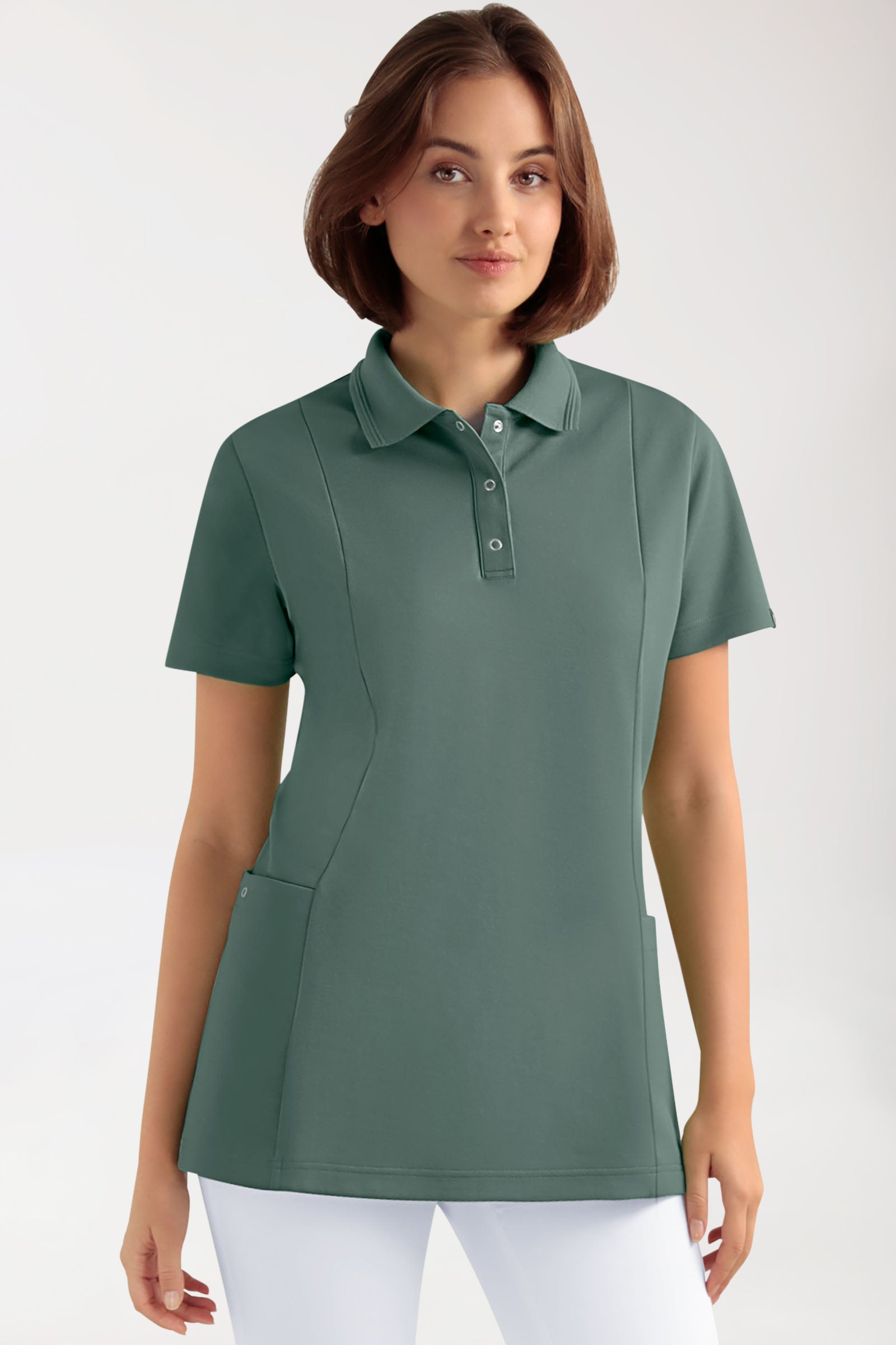 COMFY FLEX Stretch Schlupfkasack Damen - Polokragen dunkelgrün, Vorderansicht 