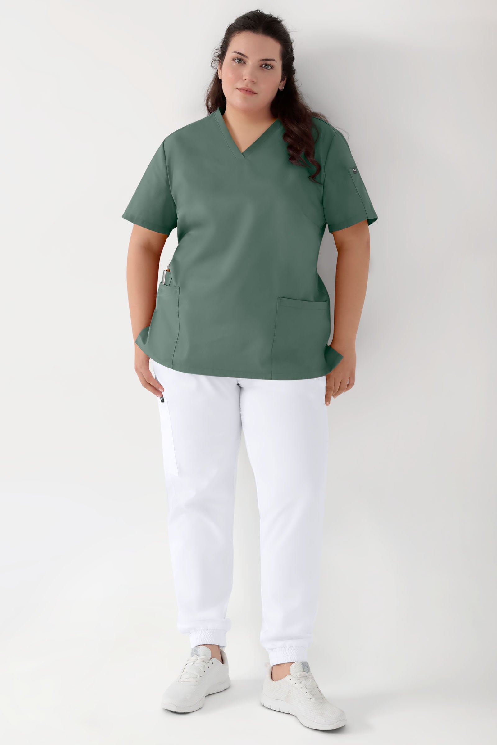 GREEN Stretch Schlupfkasack Damen - V-Ausschnitt dunkelgrün, Vorderansicht 