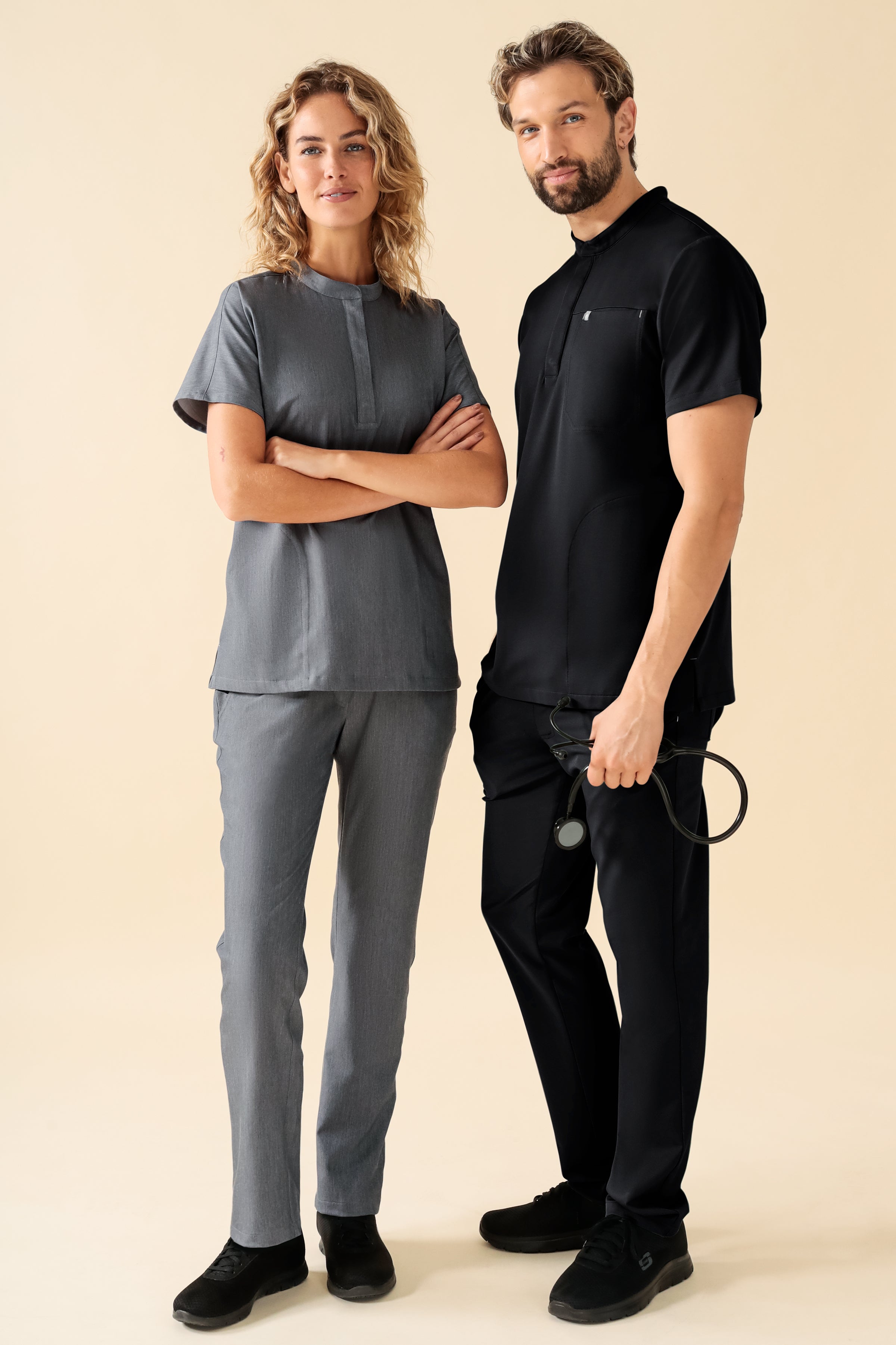 KAERE Schlupfkasack Damen - Stehkragen grau melange, Vorderansicht 