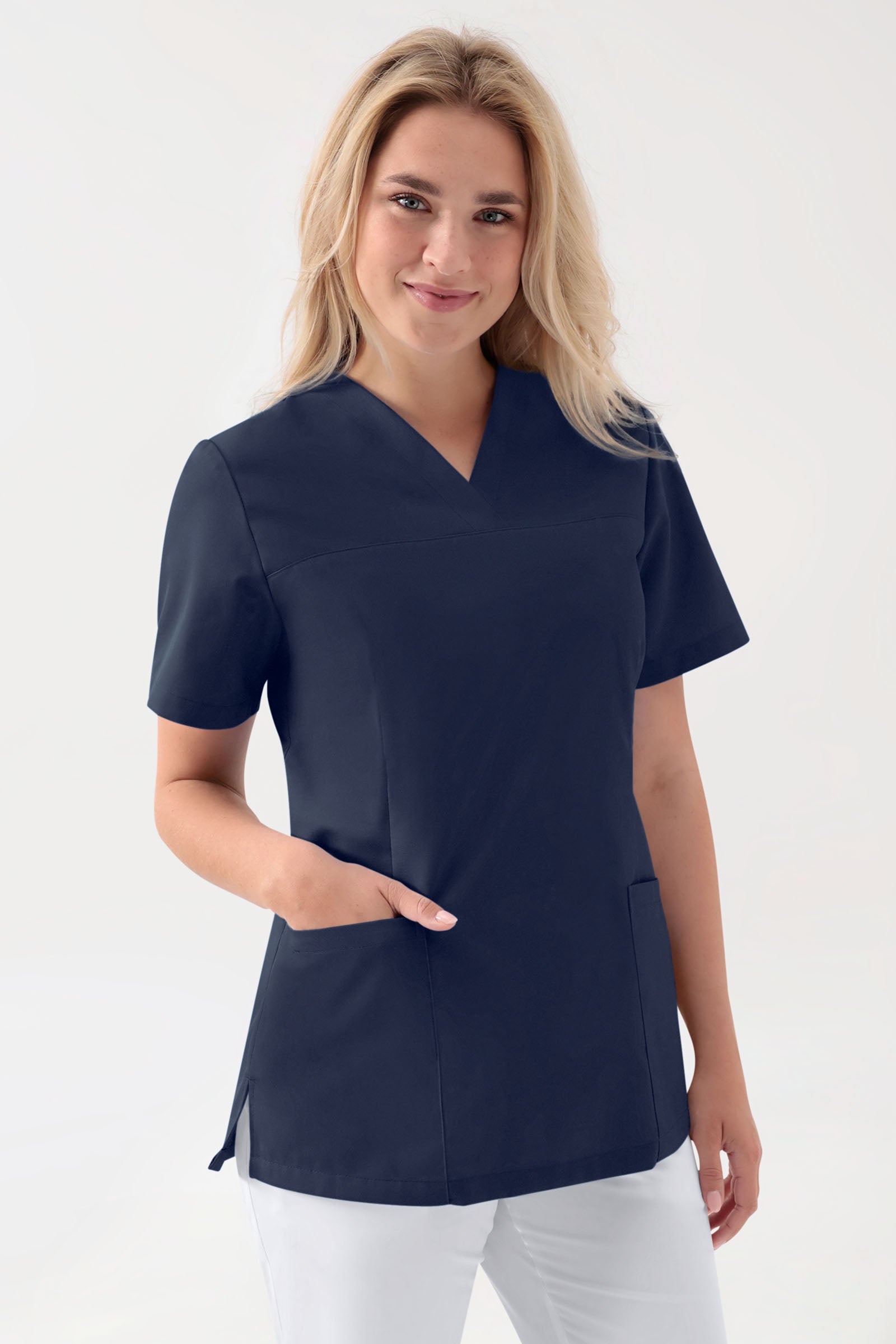 Stretch Damen Schlupfkasack - V-Ausschnitt navy, Vorderansicht 
