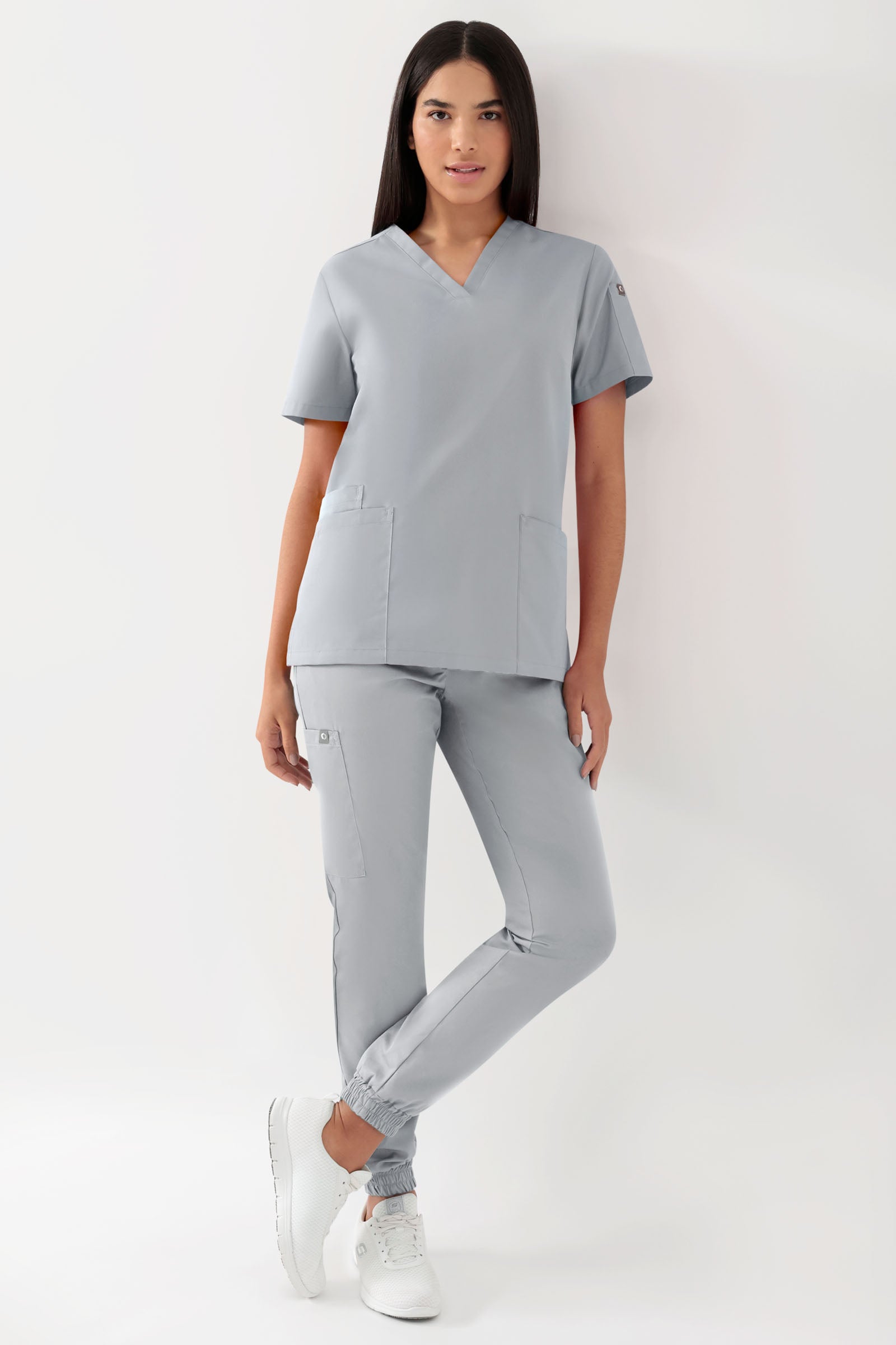 GREEN Stretch Schlupfkasack Damen - V-Ausschnitt perlgrau