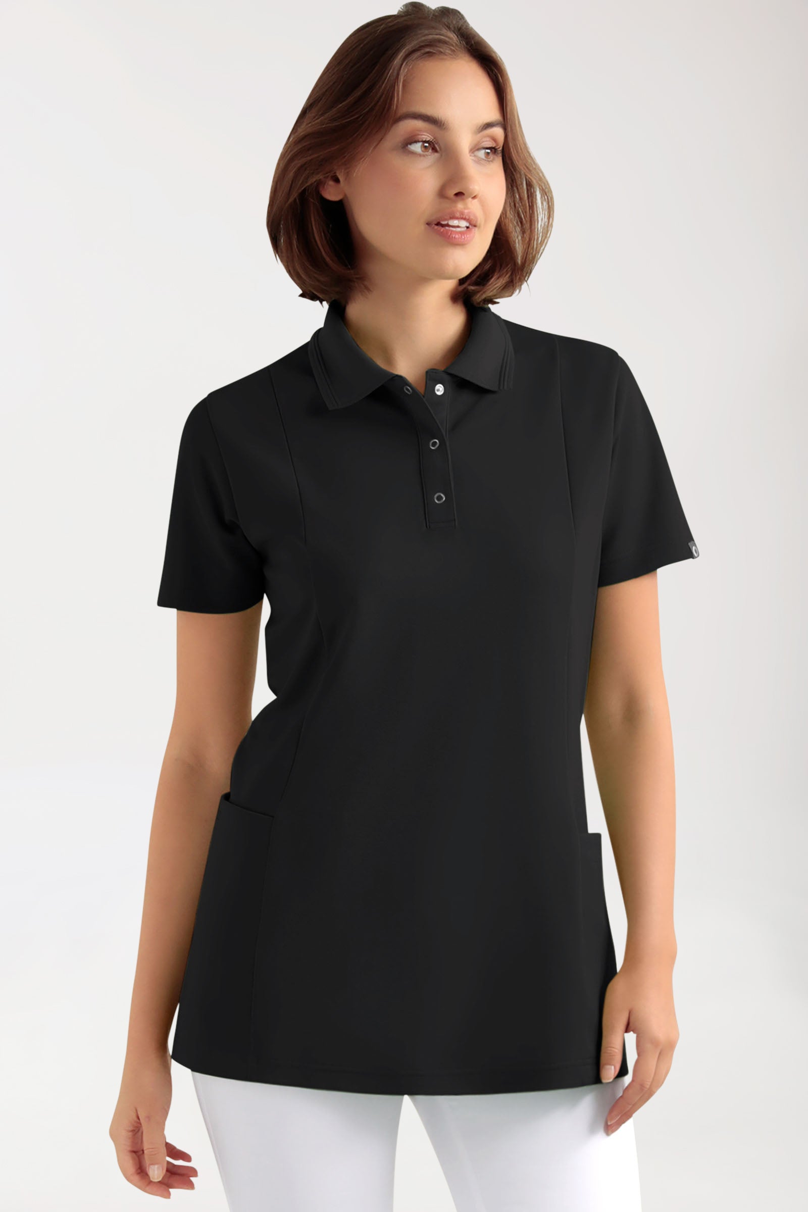 COMFY FLEX Stretch Schlupfkasack Damen - Polokragen schwarz, Vorderansicht 