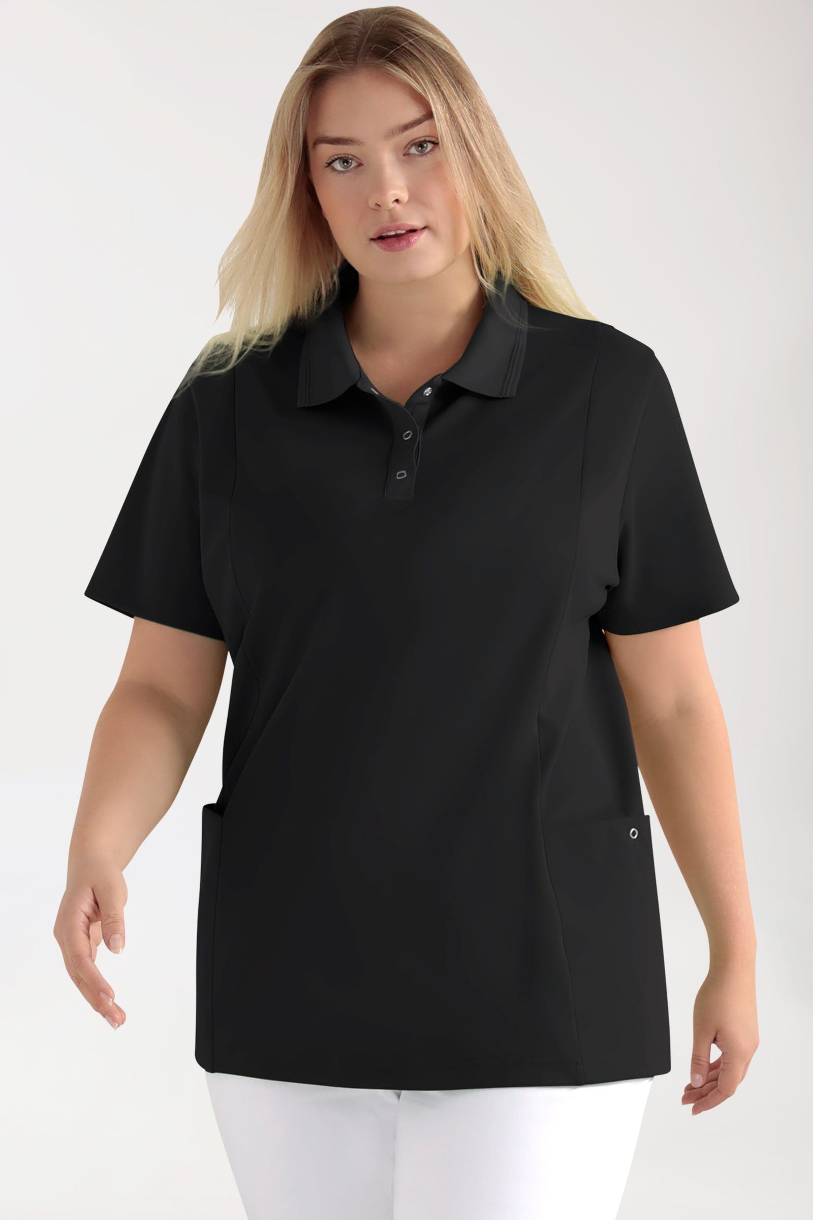 COMFY FLEX Stretch Schlupfkasack Damen - Polokragen schwarz, Vorderansicht 