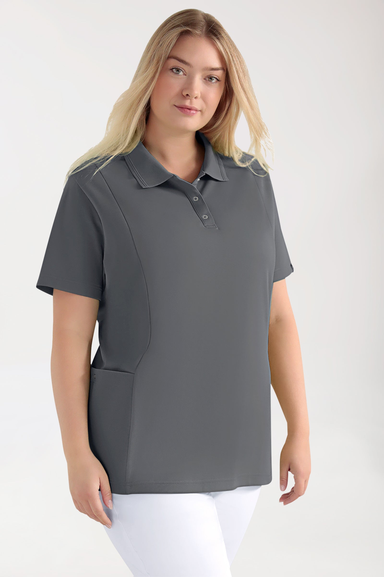 COMFY FLEX Stretch Schlupfkasack Damen - Polokragen steingrau, Vorderansicht 