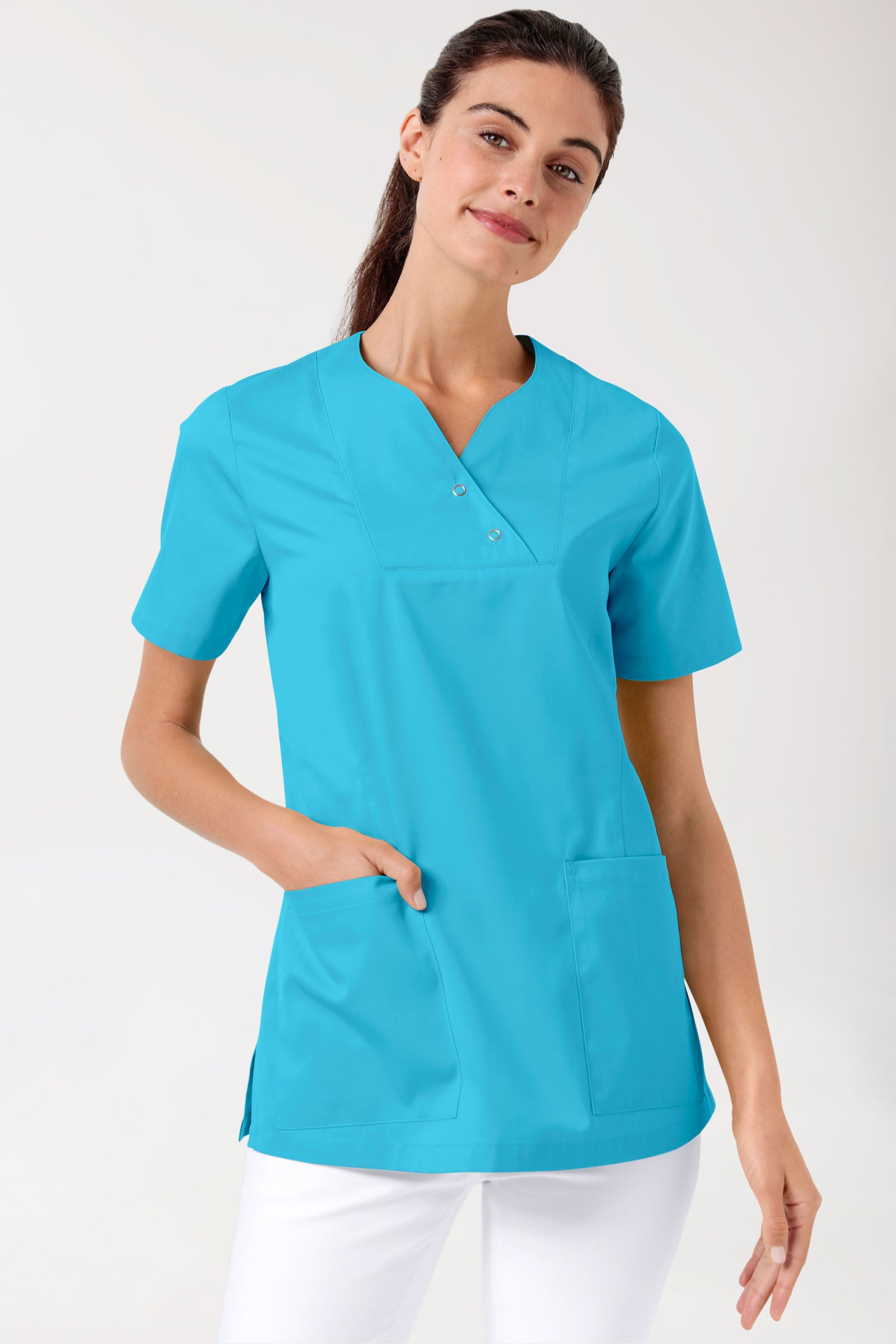 CORE Schlupfkasack Damen curved fit - mit Druckknöpfen türkis, Vorderansicht 