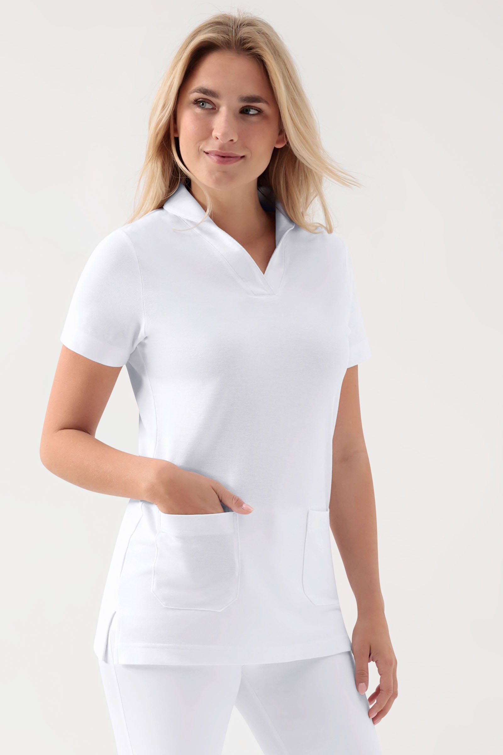 COMFY FLEX Stretch Schlupfkasack Damen - Schalkragen weiß, Vorderansicht 