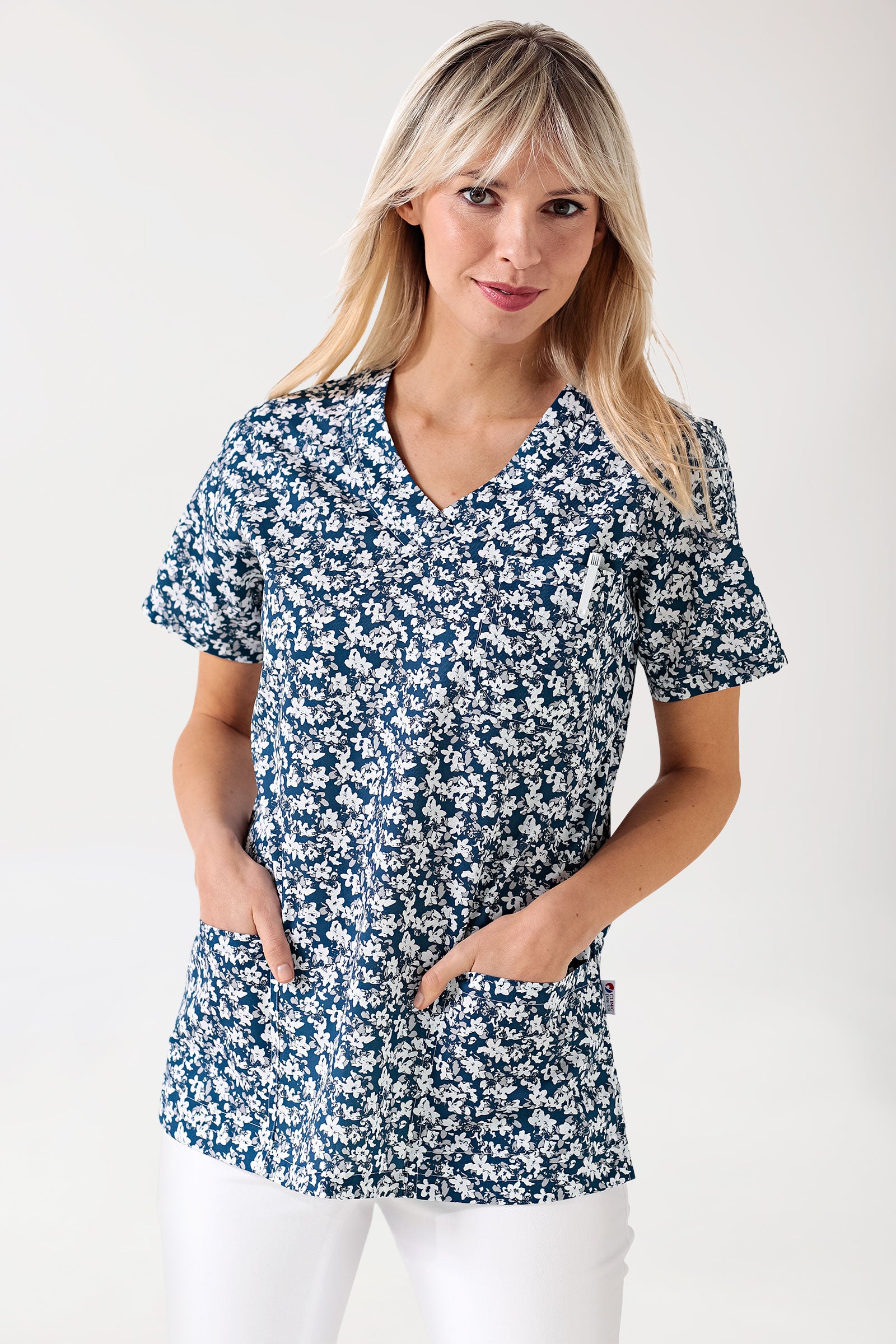 Leichter Schlupfkasack Damen - Alloverprint weiß/blau/grau