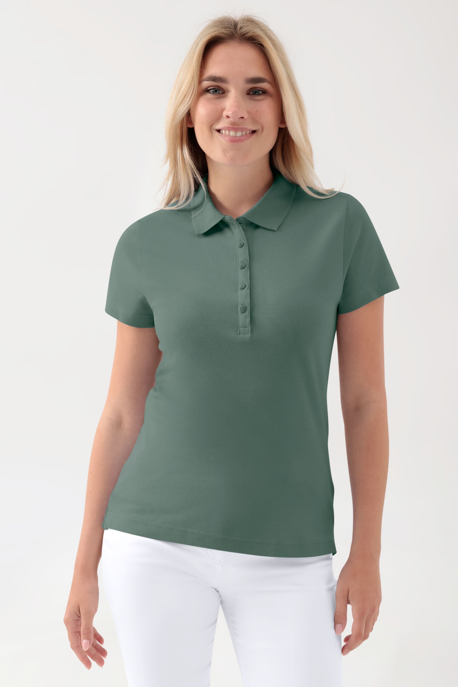 Stretch Shirt Damen - Polokragen dunkelgrün, Vorderansicht 