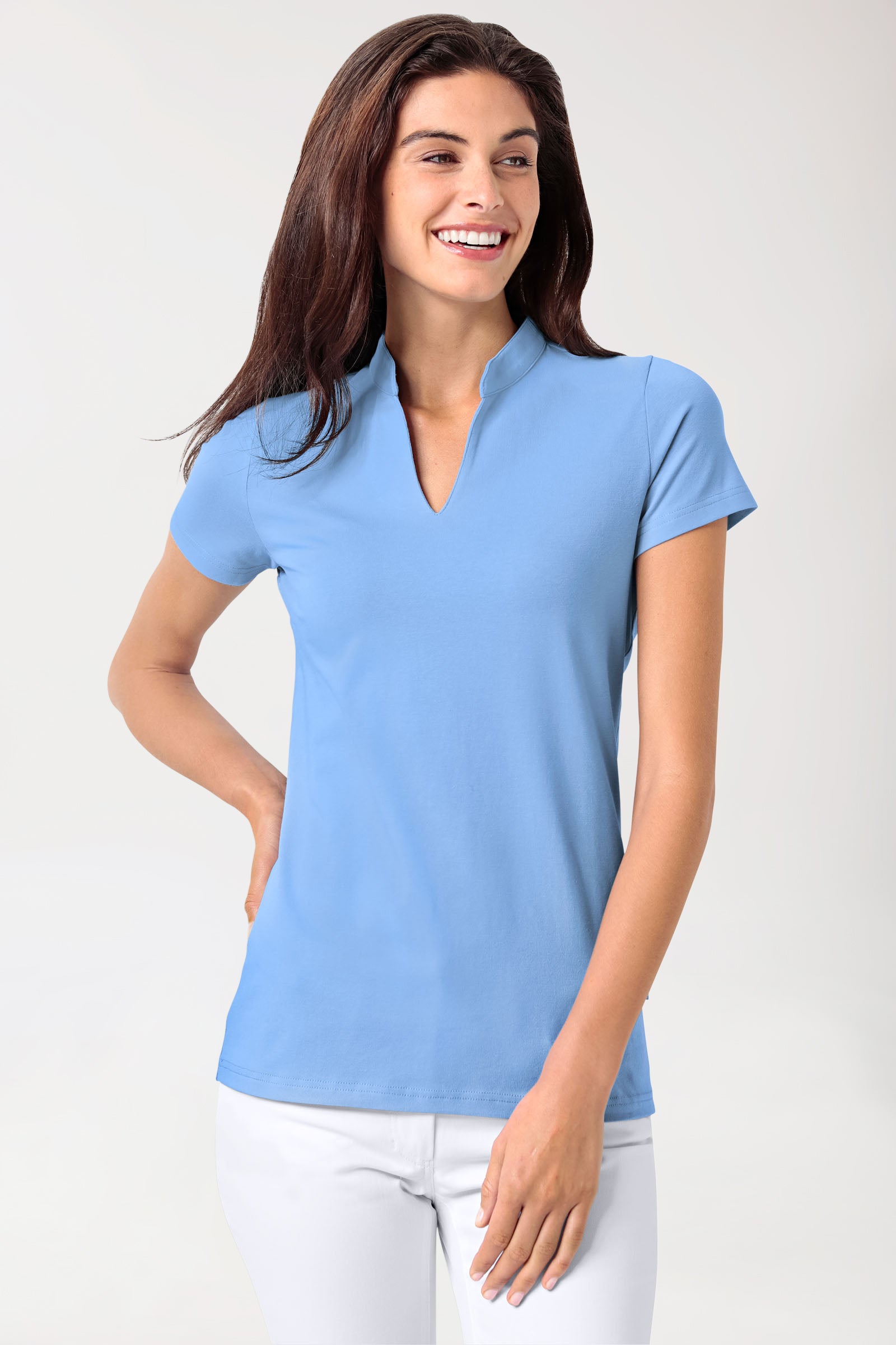 Stretch Shirt Damen - Stehkragen himmelblau, Vorderansicht 