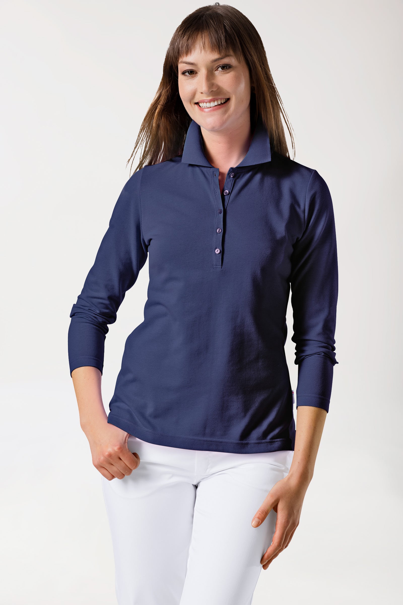 Stretch Shirt Damen - 1/1 Arm mit Polokragen navy, Vorderansicht 