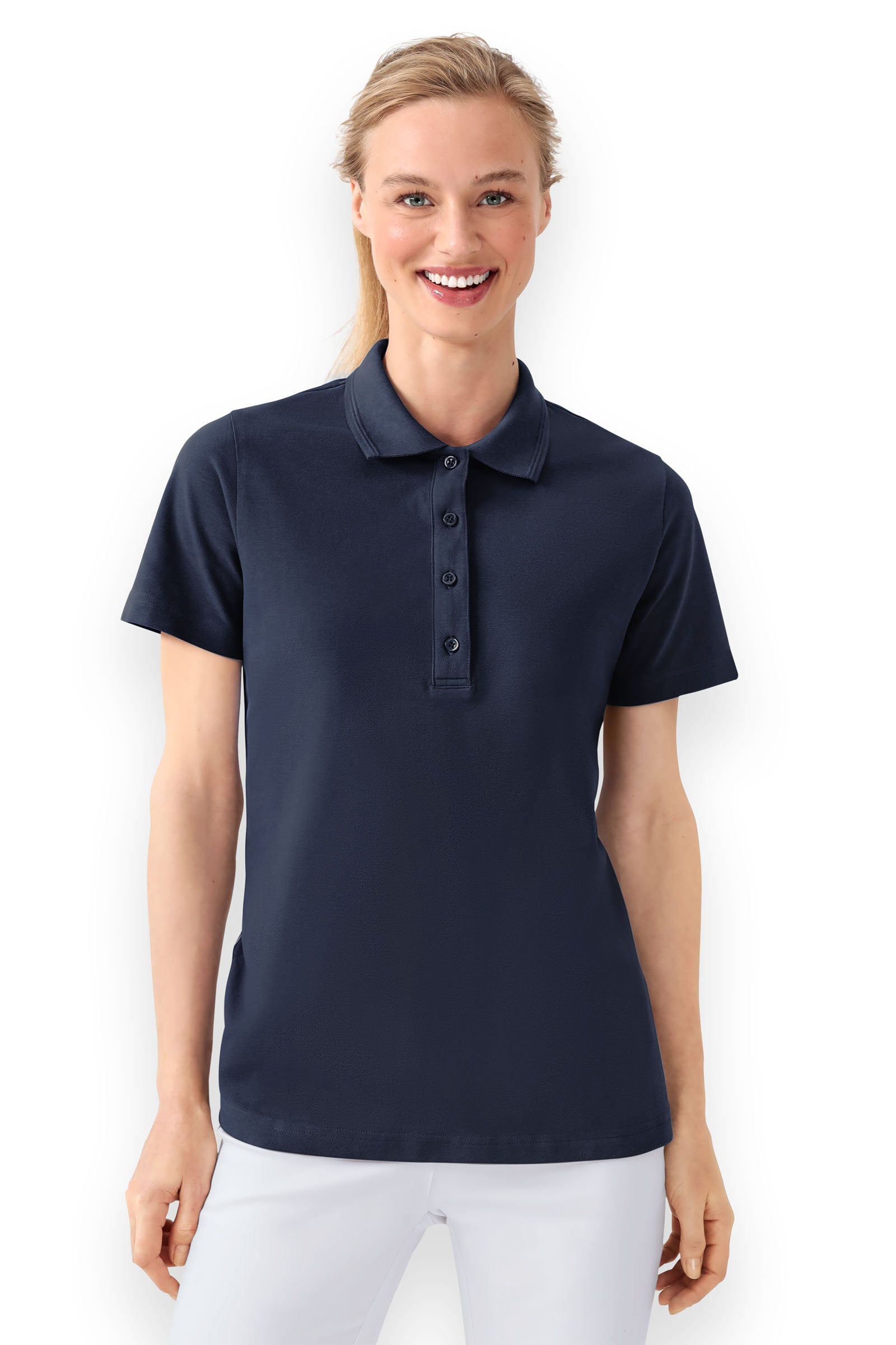 Shirt Damen Stretch - Polokragen navy, Vorderansicht 