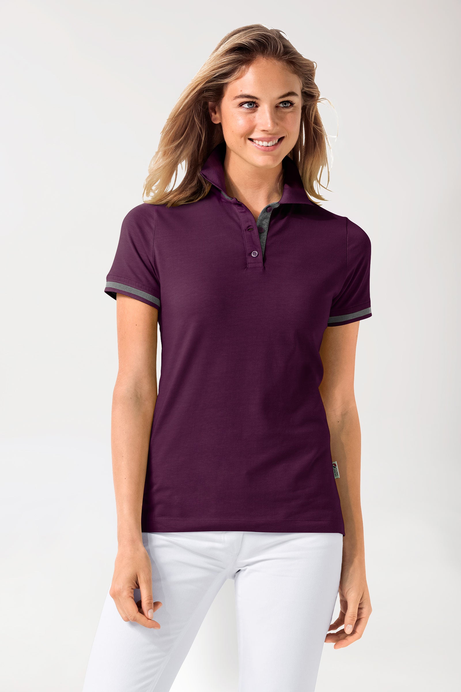 Stretch Shirt Damen - Polokragen pflaume/dunkelgrau melange, Vorderansicht 
