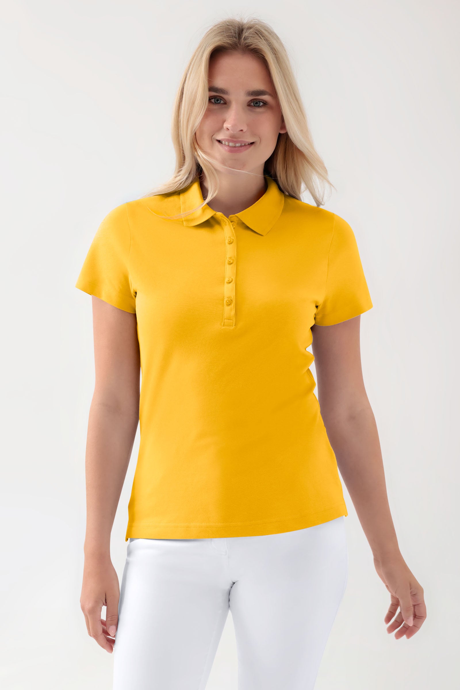 Stretch Shirt Damen - Polokragen sonnengelb, Vorderansicht 