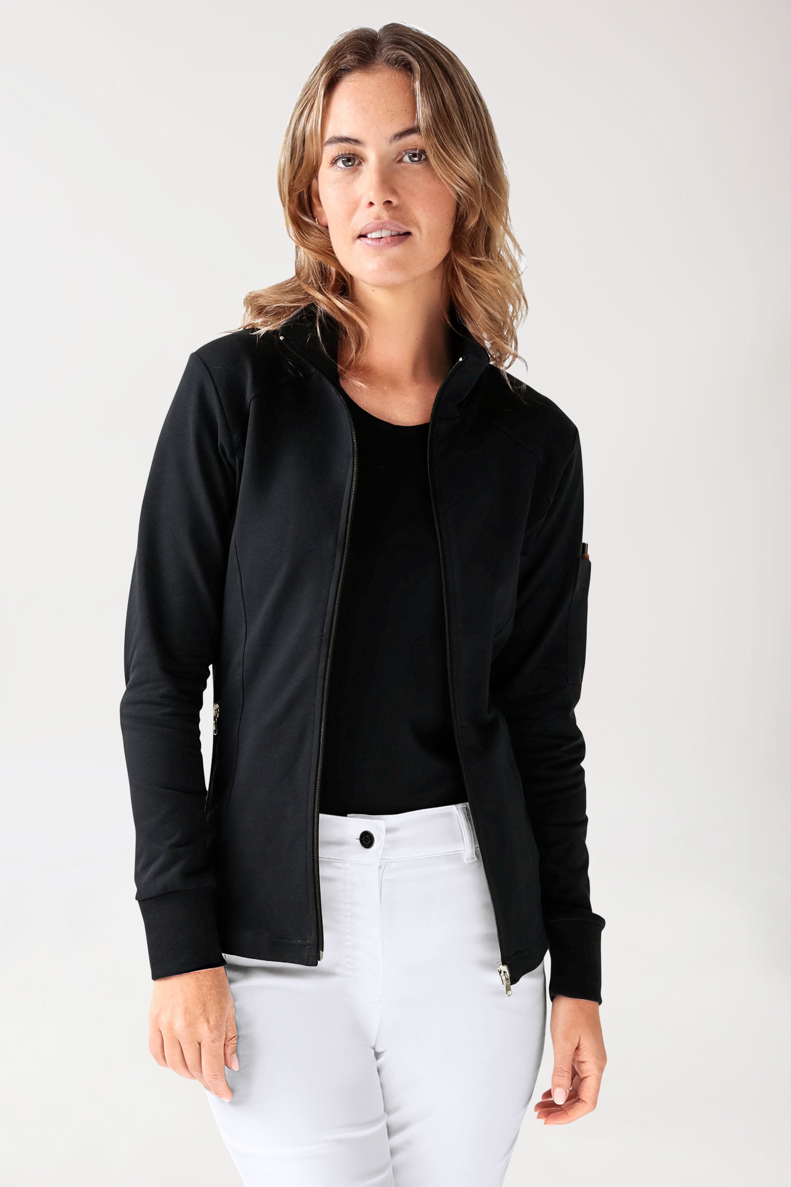 Sweatjacke Damen - Stehkragen schwarz, Vorderansicht 