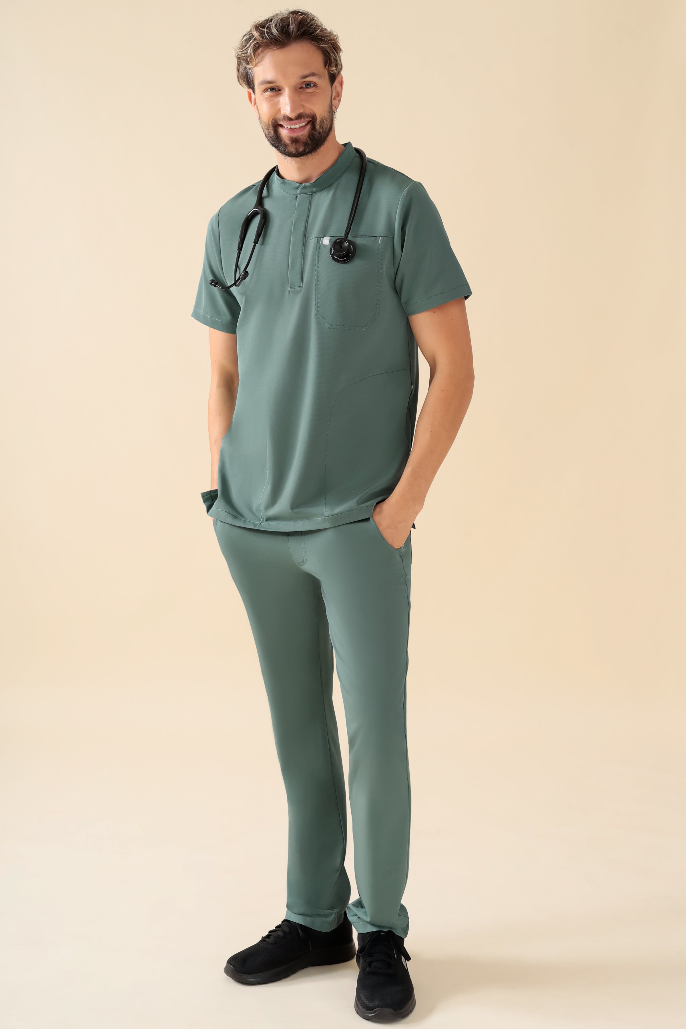 KAERE Hose Herren - gerader Saum ohne Beintaschen dunkelgrün, Vorderansicht 