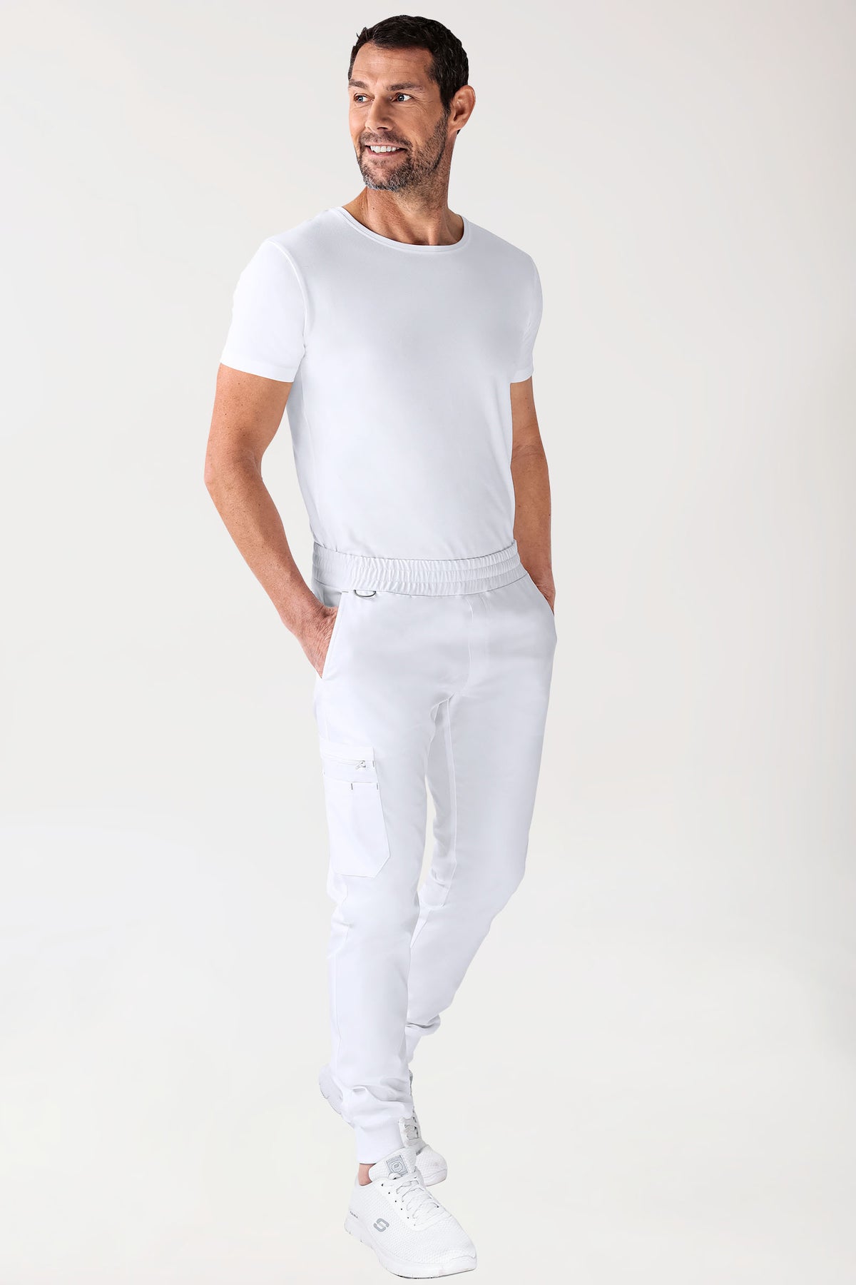 CLINIC STRETCH Hose Herren - Saumbündchen weiß/grau, Vorderansicht 