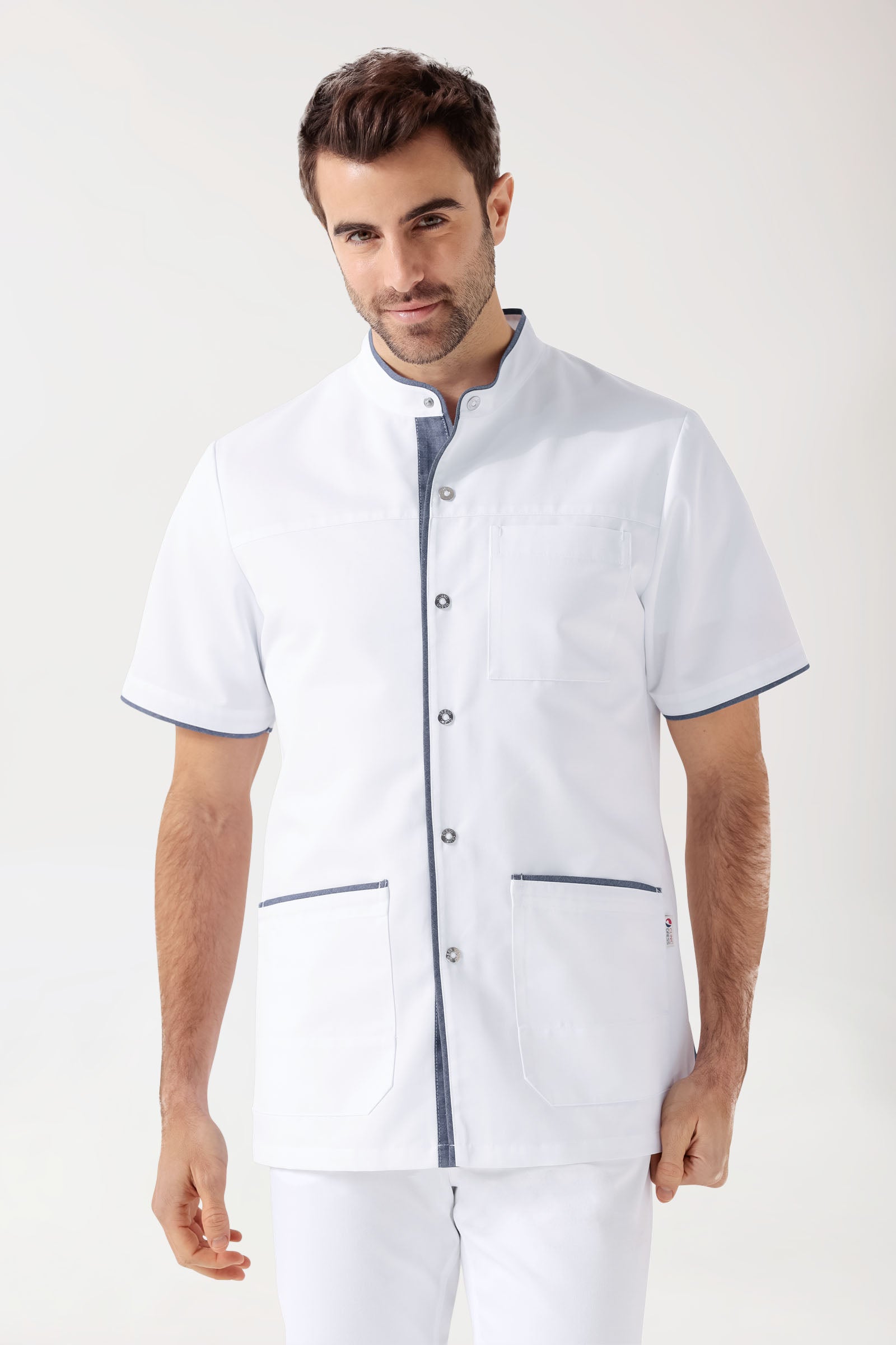 Beauty Kasack Herren - durchgeknöpft weiß/jeansblau