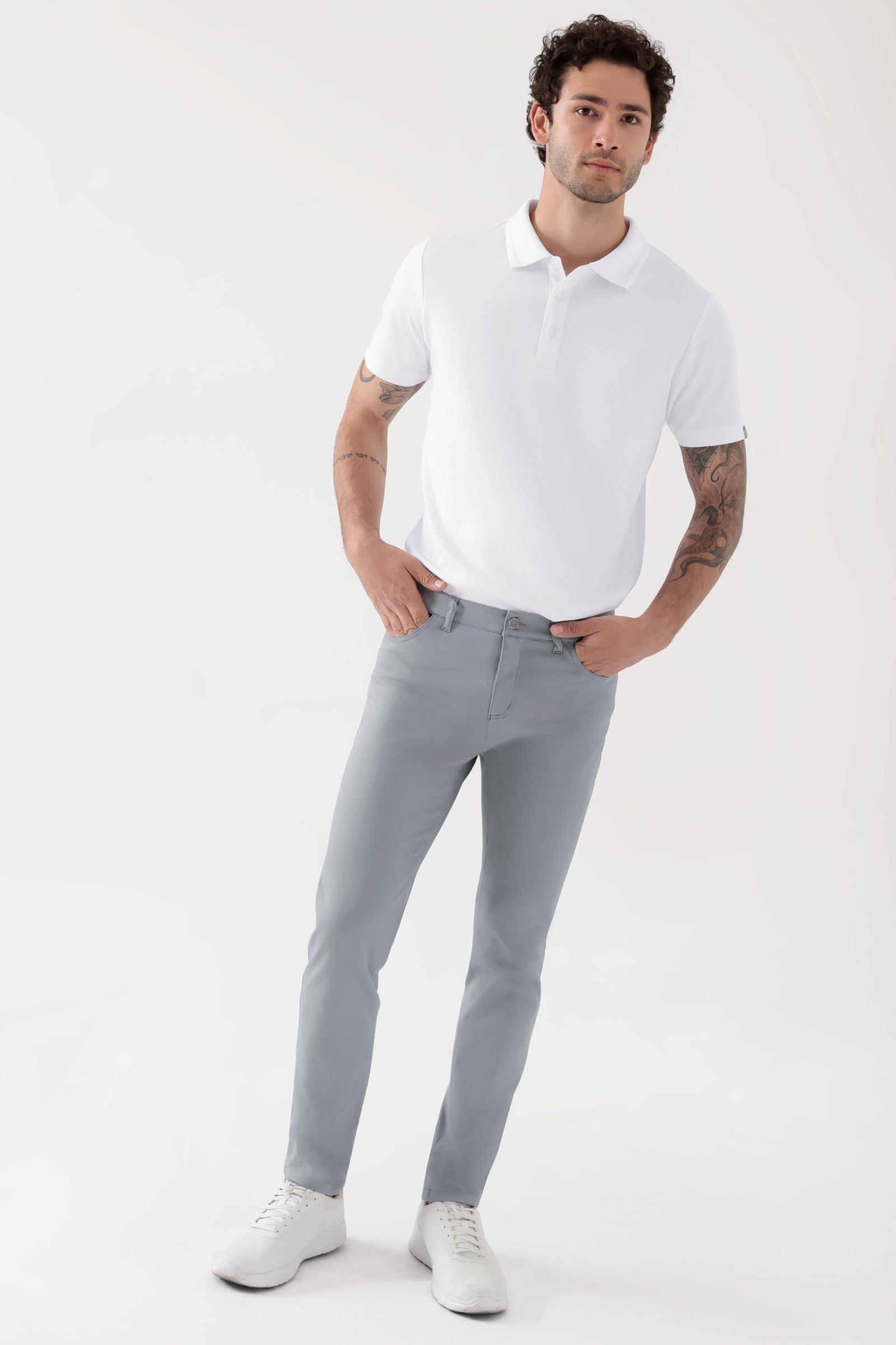 COMFY FLEX 5-Pocket Hose Herren - schlankes Bein grau, Vorderansicht Das Model ist 188 cm groß und trägt Größe 48