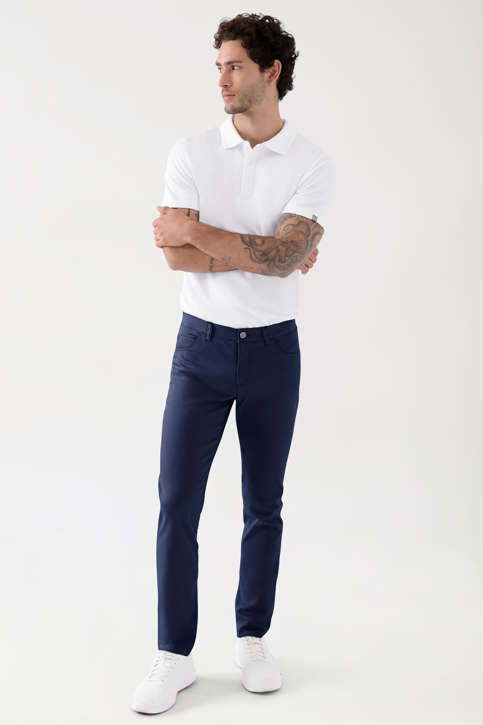 COMFY FLEX 5-Pocket Hose Herren - schlankes Bein navy, Vorderansicht Das Model ist 188 cm groß und trägt Größe 48
