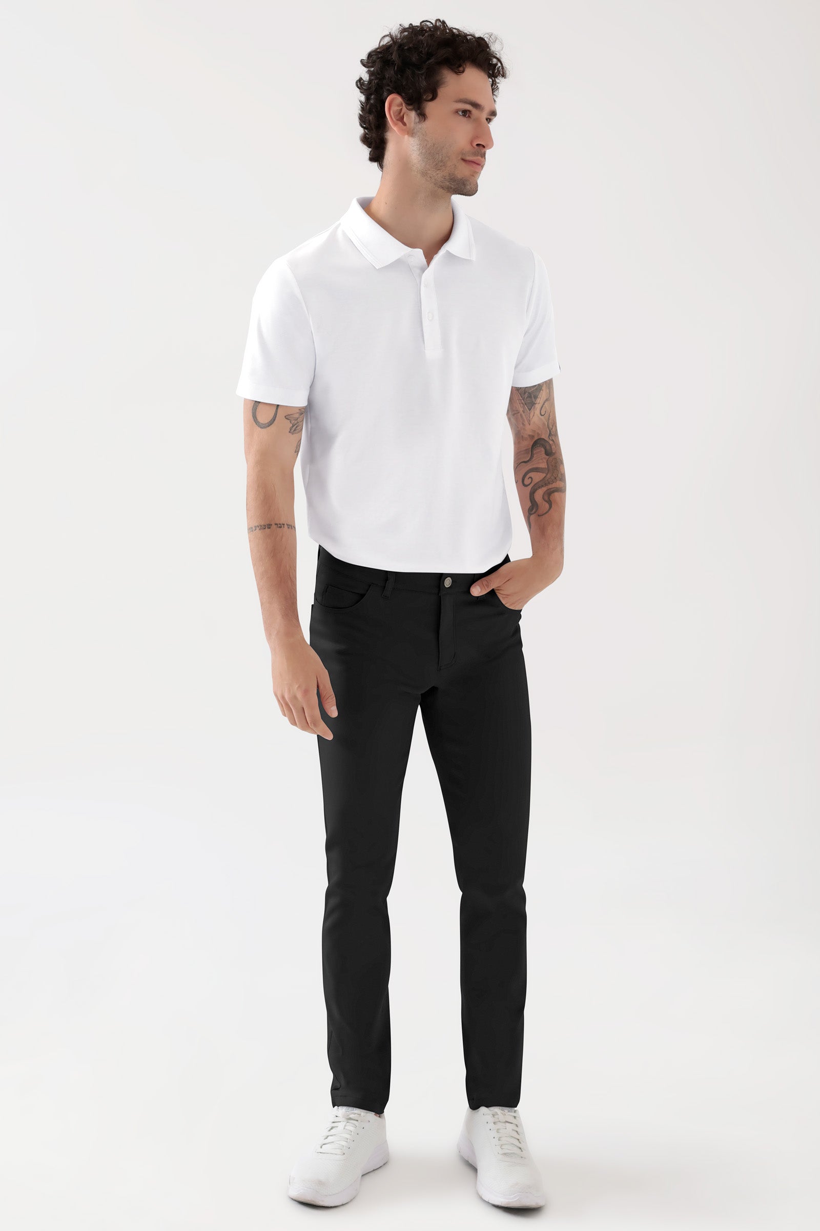 COMFY FLEX 5-Pocket Hose Herren - schlankes Bein schwarz, Vorderansicht Das Model ist 188 cm groß und trägt Größe 48