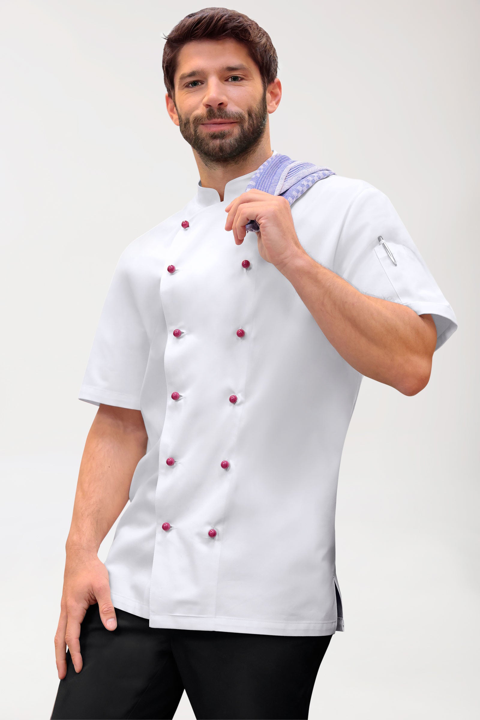 Gastro Kochjacke Herren - 1/2 Arm weiß, Vorderansicht 