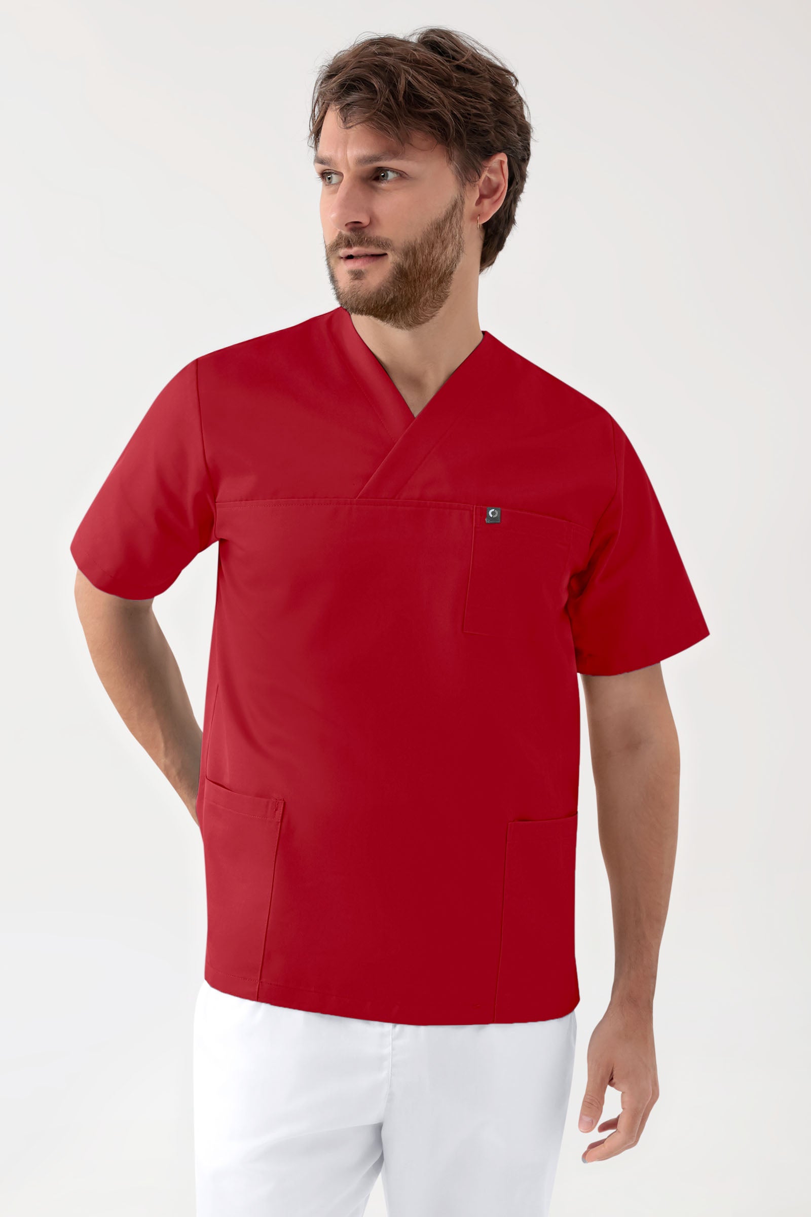 GREEN Stretch Schlupfkasack Unisex - V-Ausschnitt rot, Vorderansicht 