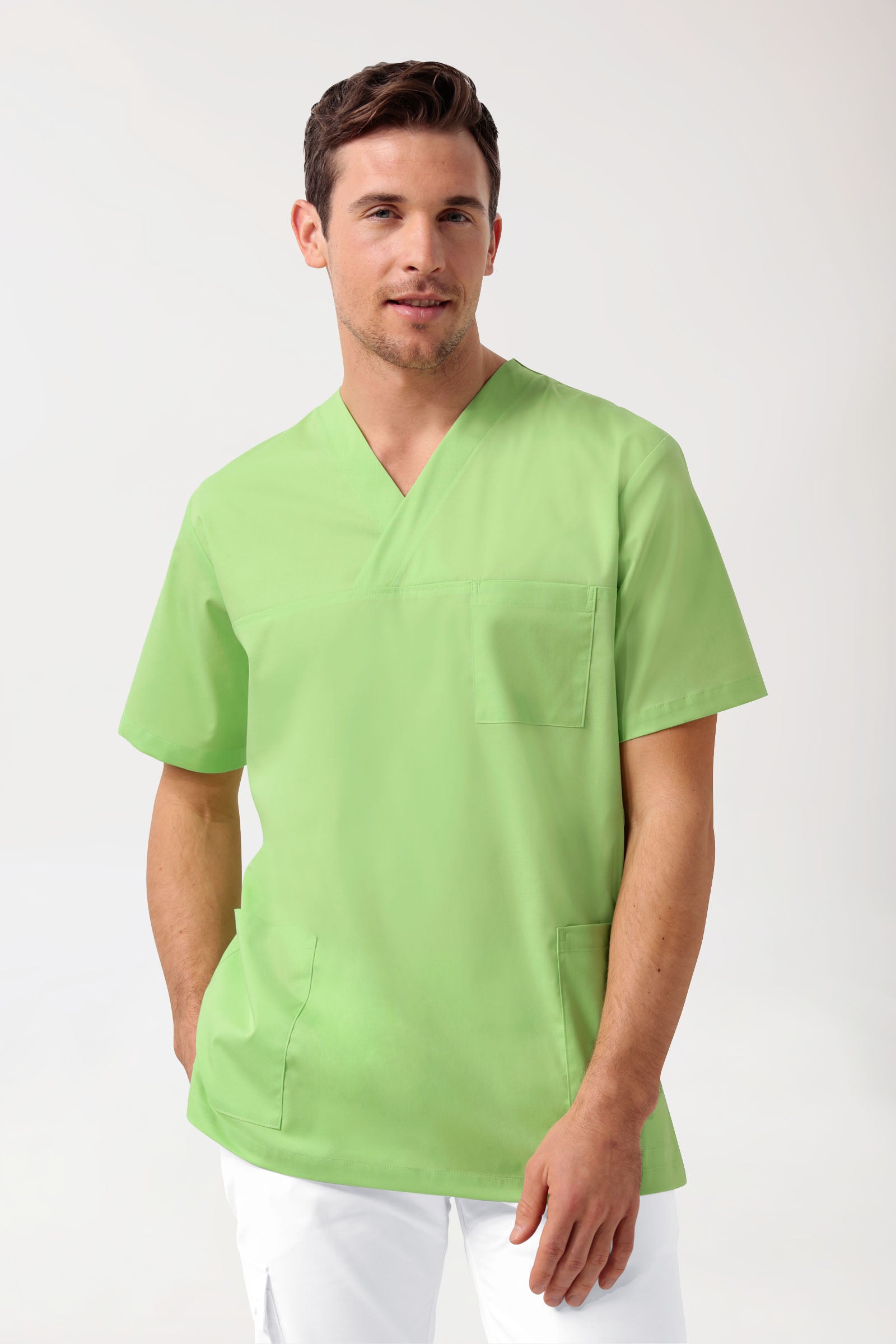 Stretch Schlupfkasack Unisex - V-Ausschnitt apfelgrün, Vorderansicht 