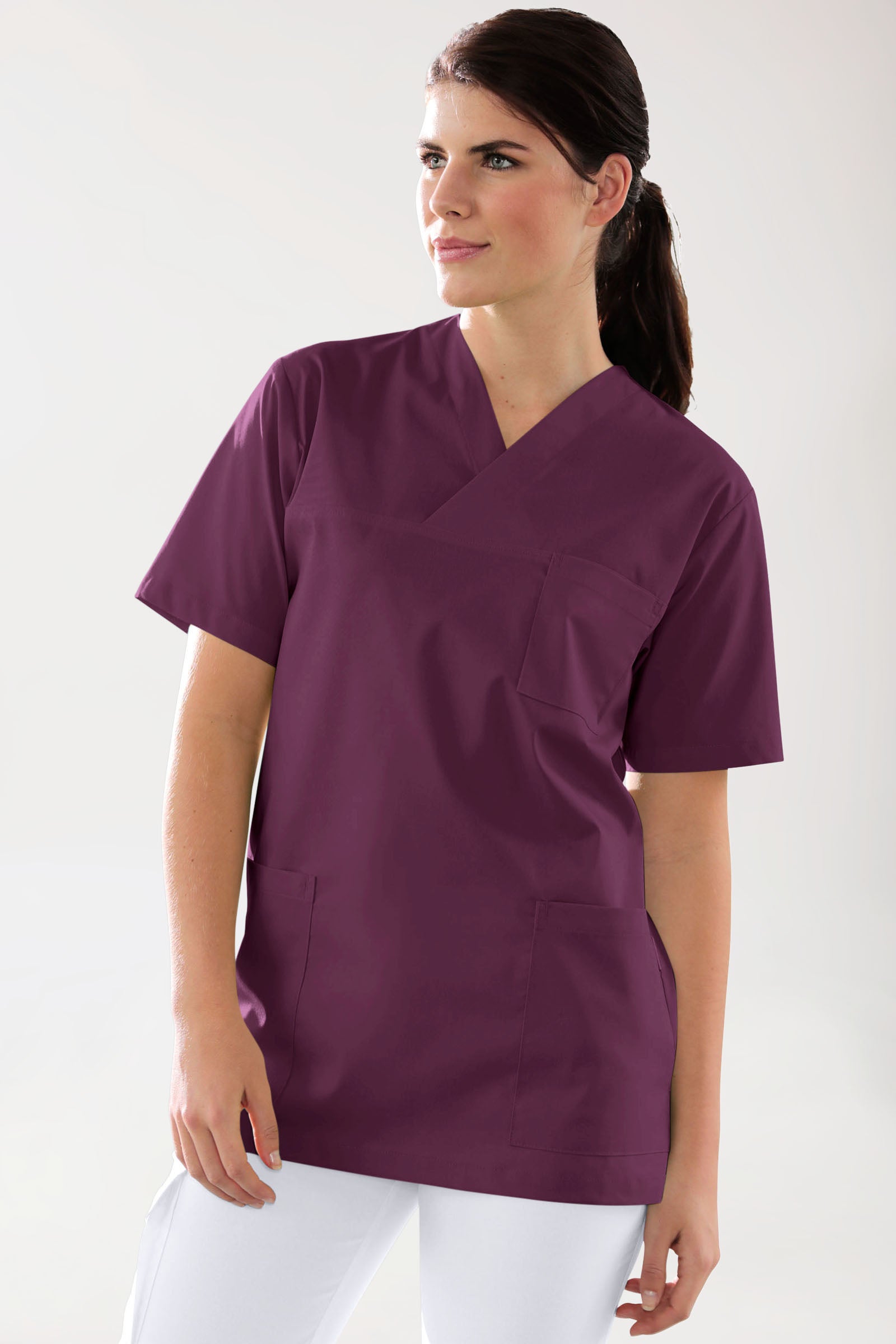 Stretch Schlupfkasack Unisex - V-Ausschnitt pflaume, Vorderansicht 