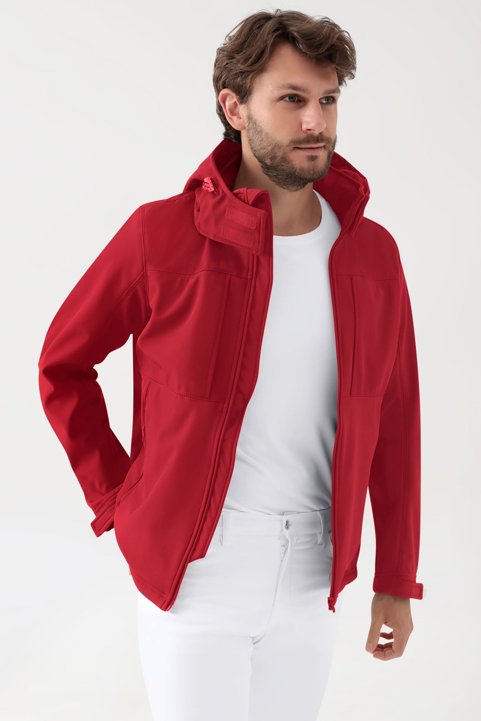 Softshell Jacke Unisex - abnehmbare Kapuze rot