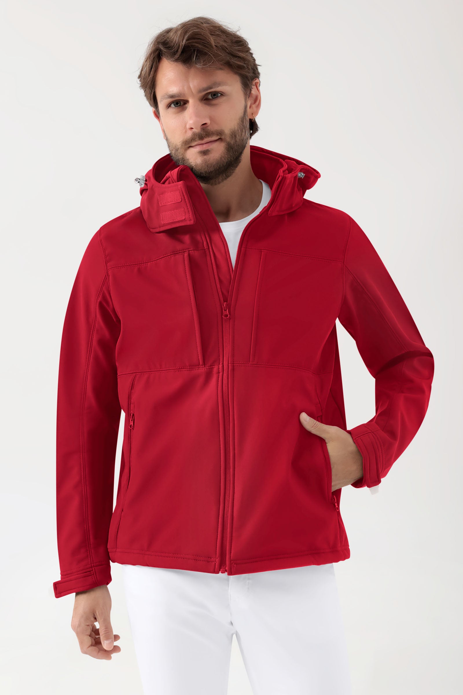 Softshell Jacke Unisex - abnehmbare Kapuze rot, Vorderansicht 