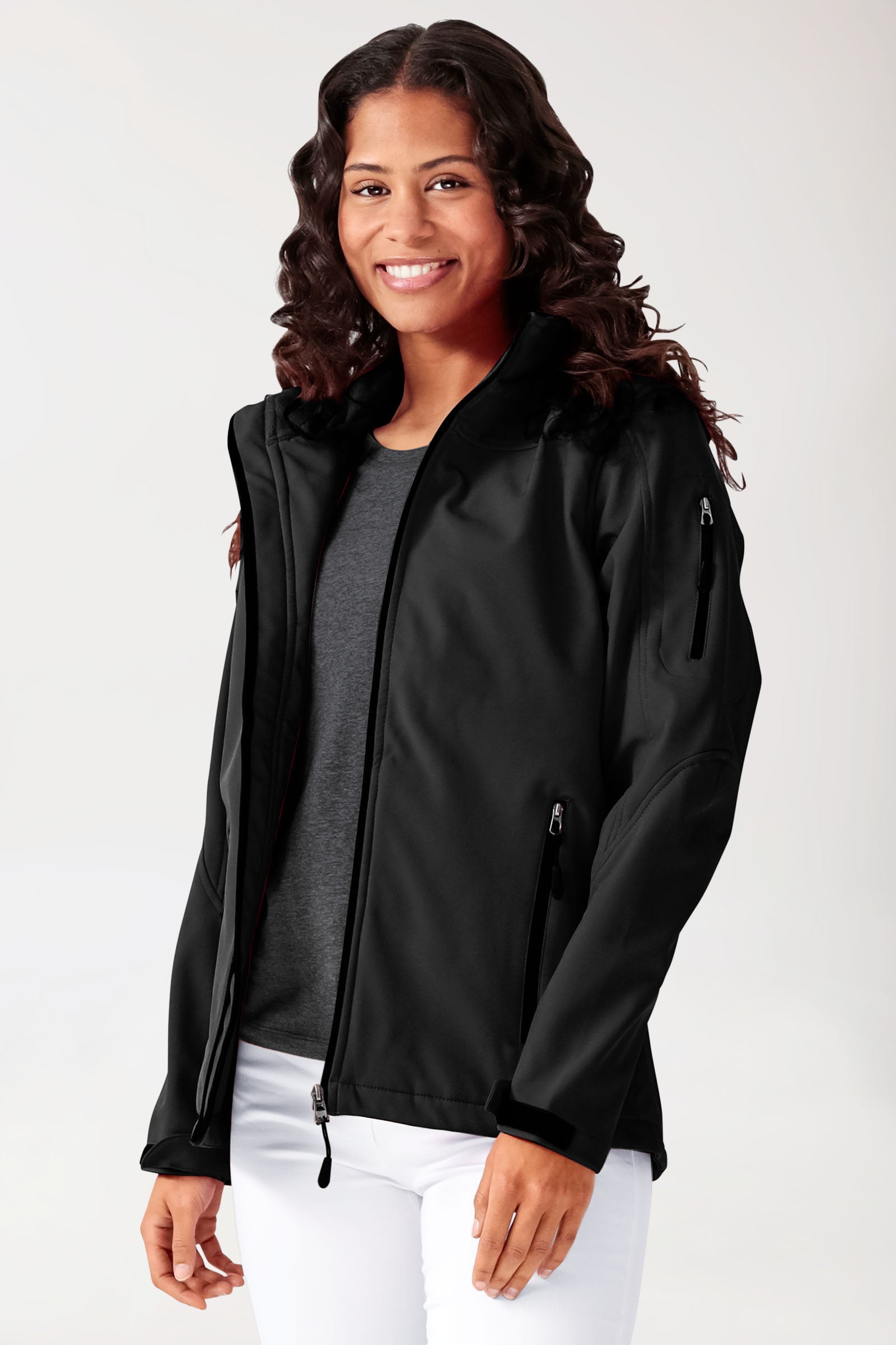 Softshell Jacken Unisex - mit Kapuze schwarz, Vorderansicht 