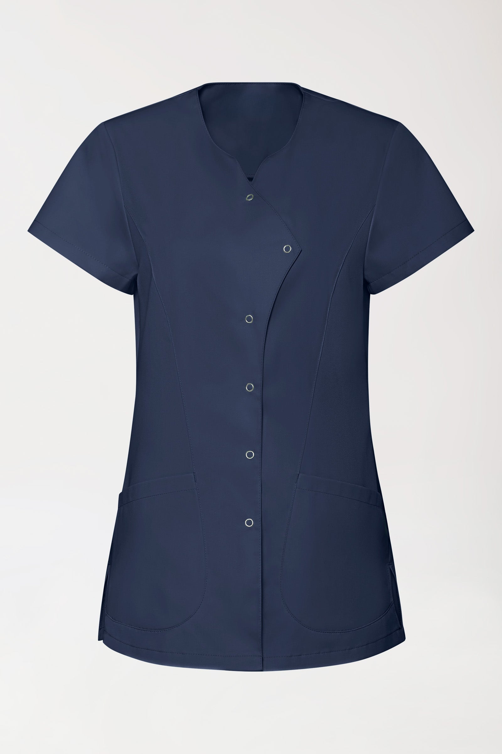 GREEN Stretch Kasack Damen - asymmetrische Druckknopfleiste navy, Vorderansicht 
