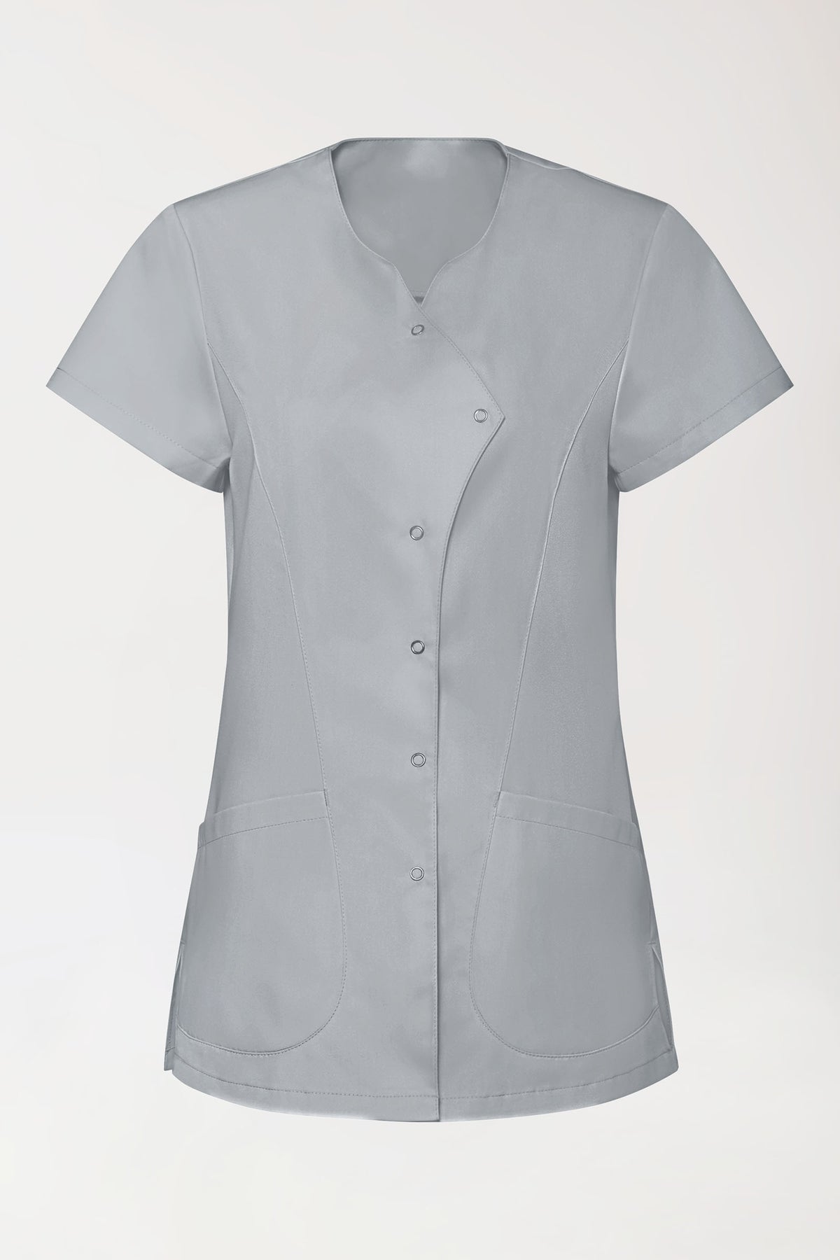 GREEN Stretch Kasack Damen - asymmetrische Druckknopfleiste perlgrau, Vorderansicht 