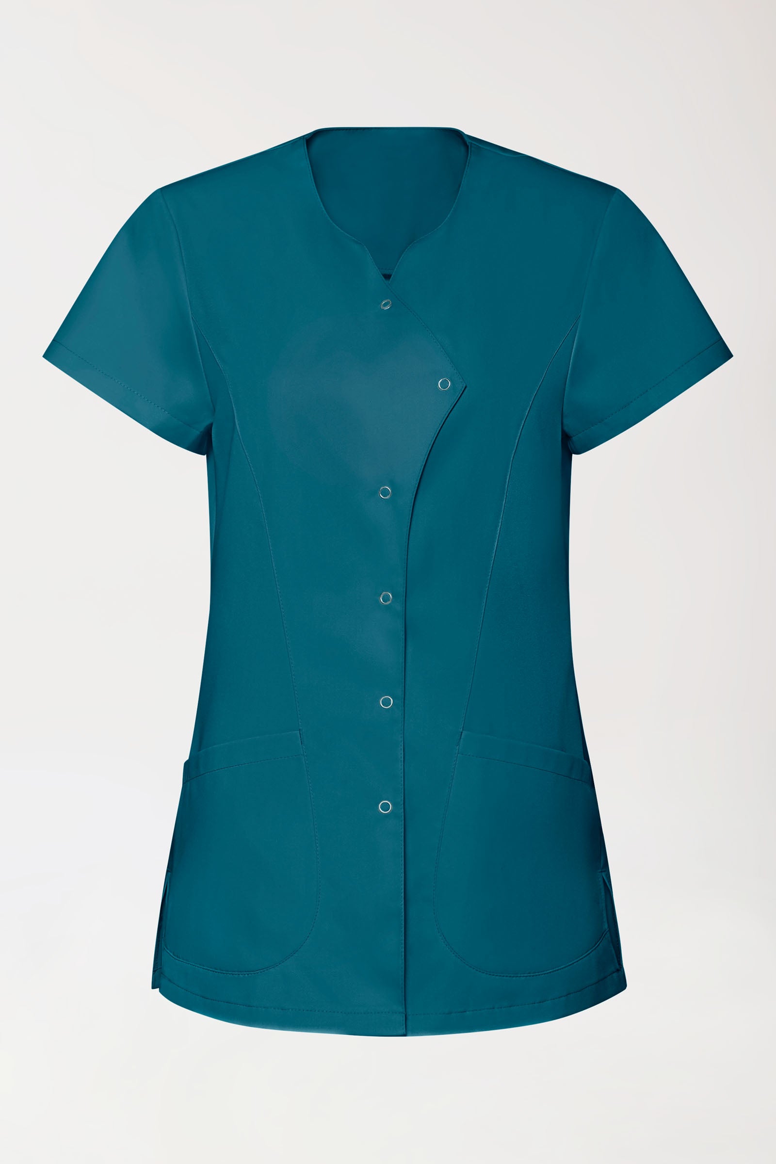 GREEN Stretch Kasack Damen - asymmetrische Druckknopfleiste petrol, Vorderansicht 