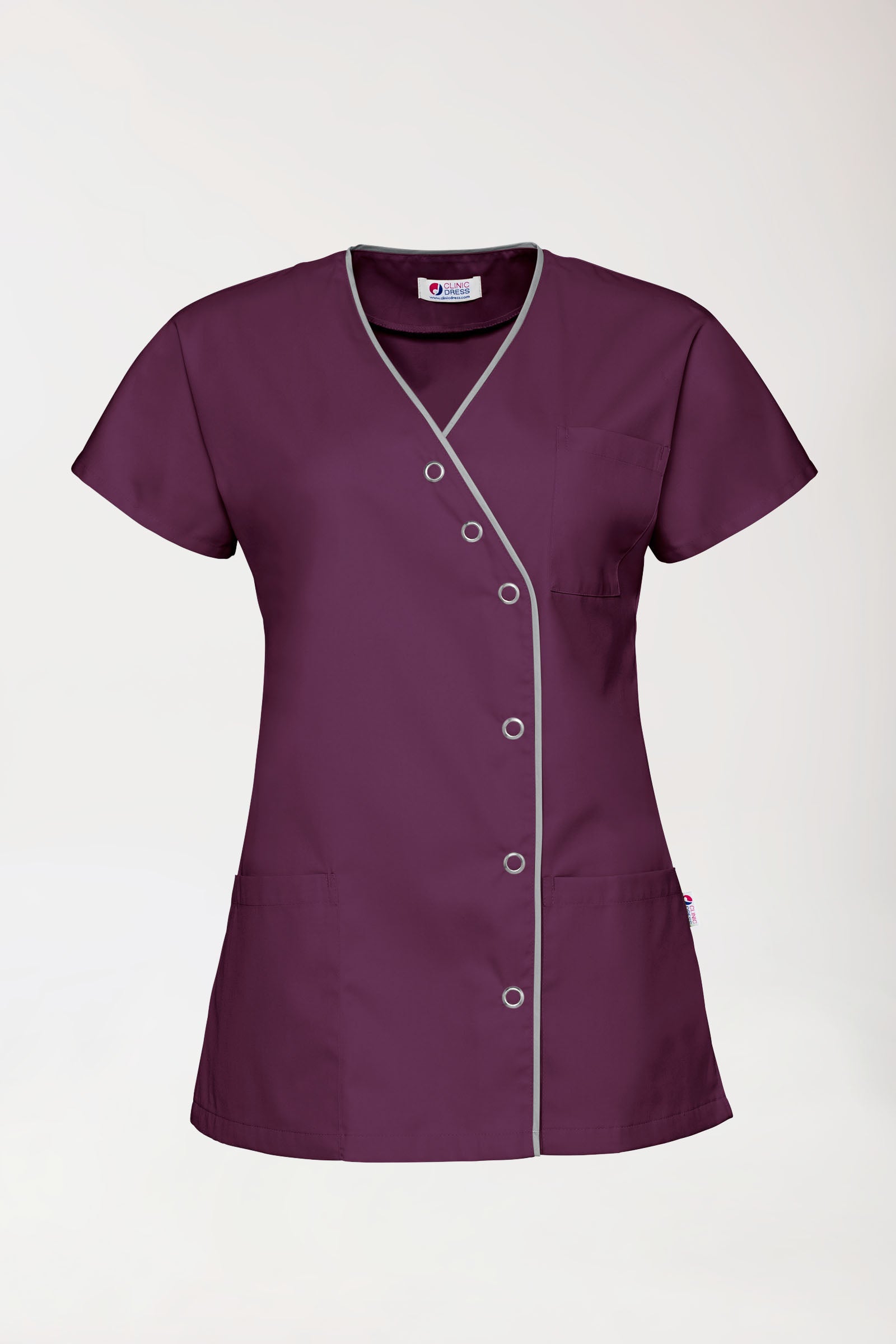 Beauty Kasack Damen - asymmetrische Druckknopfleiste pflaume/grau