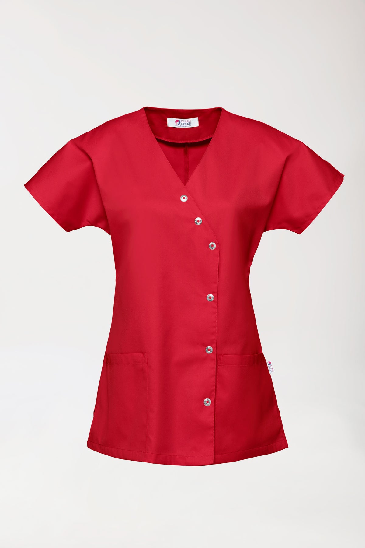 Beauty Kasack Damen - asymmetrische Druckknopfleiste rot, Vorderansicht 